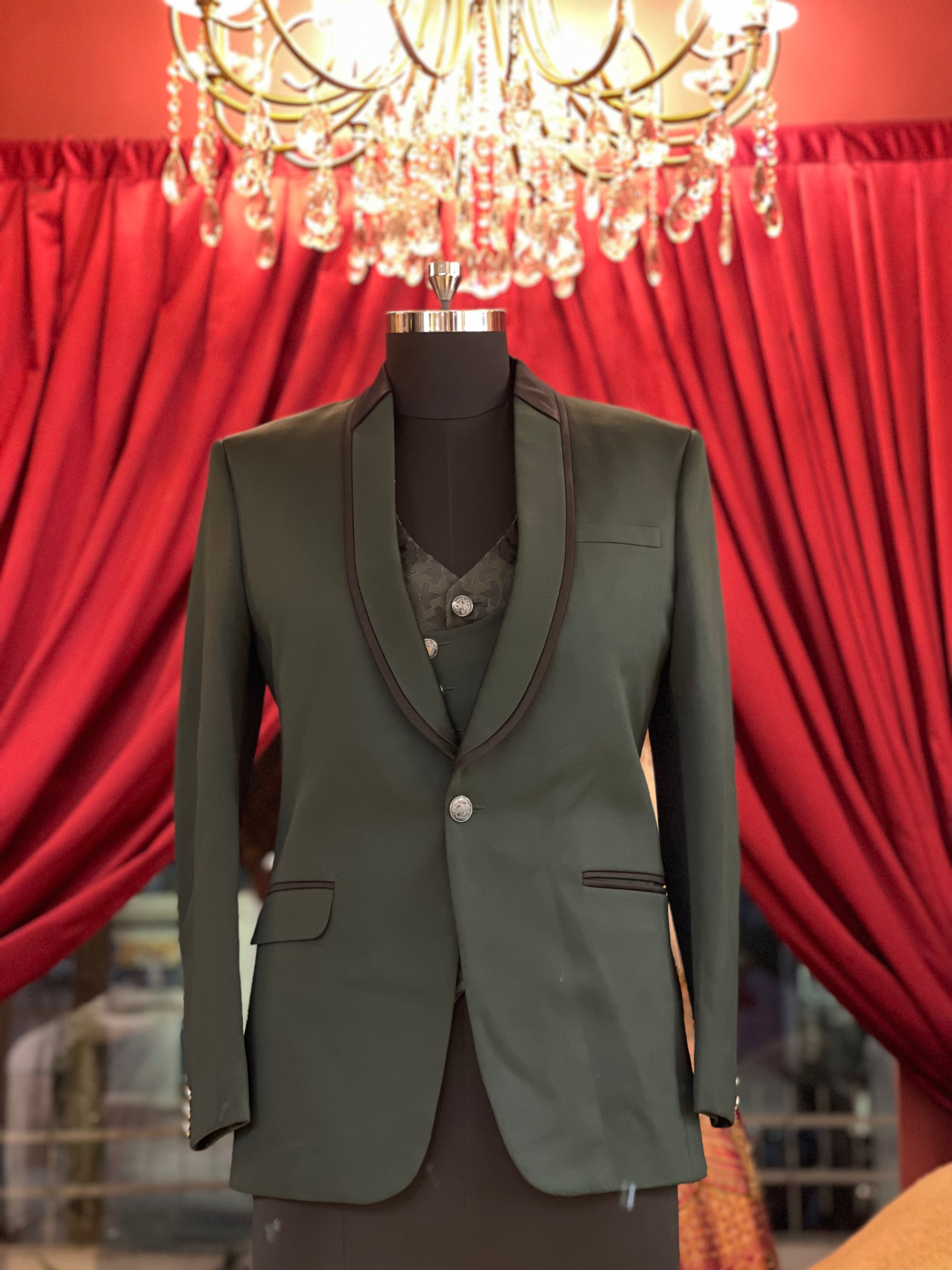 Olive Green Tuxedo With asymmetrical Vest