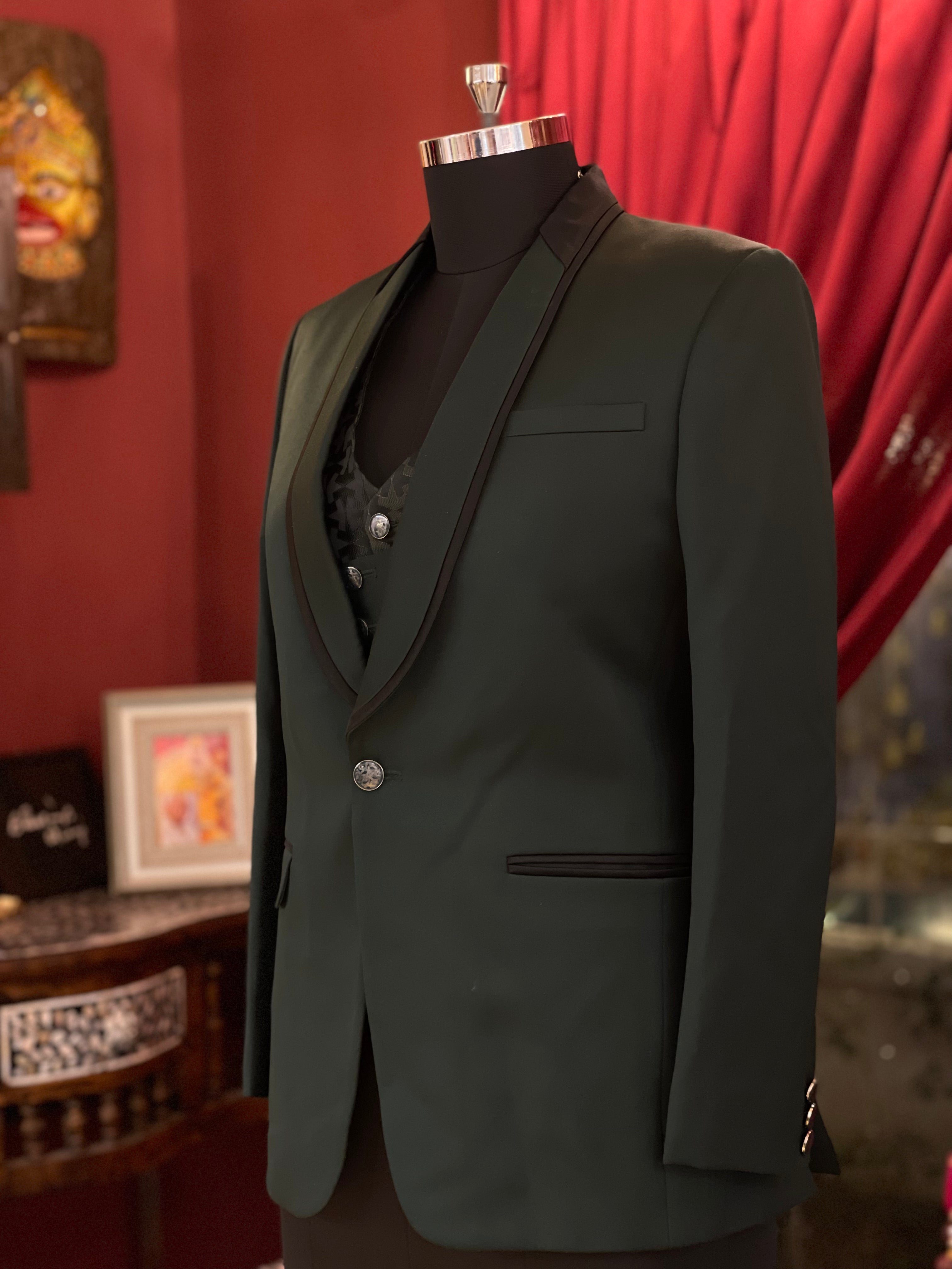 Olive Green Tuxedo With asymmetrical Vest