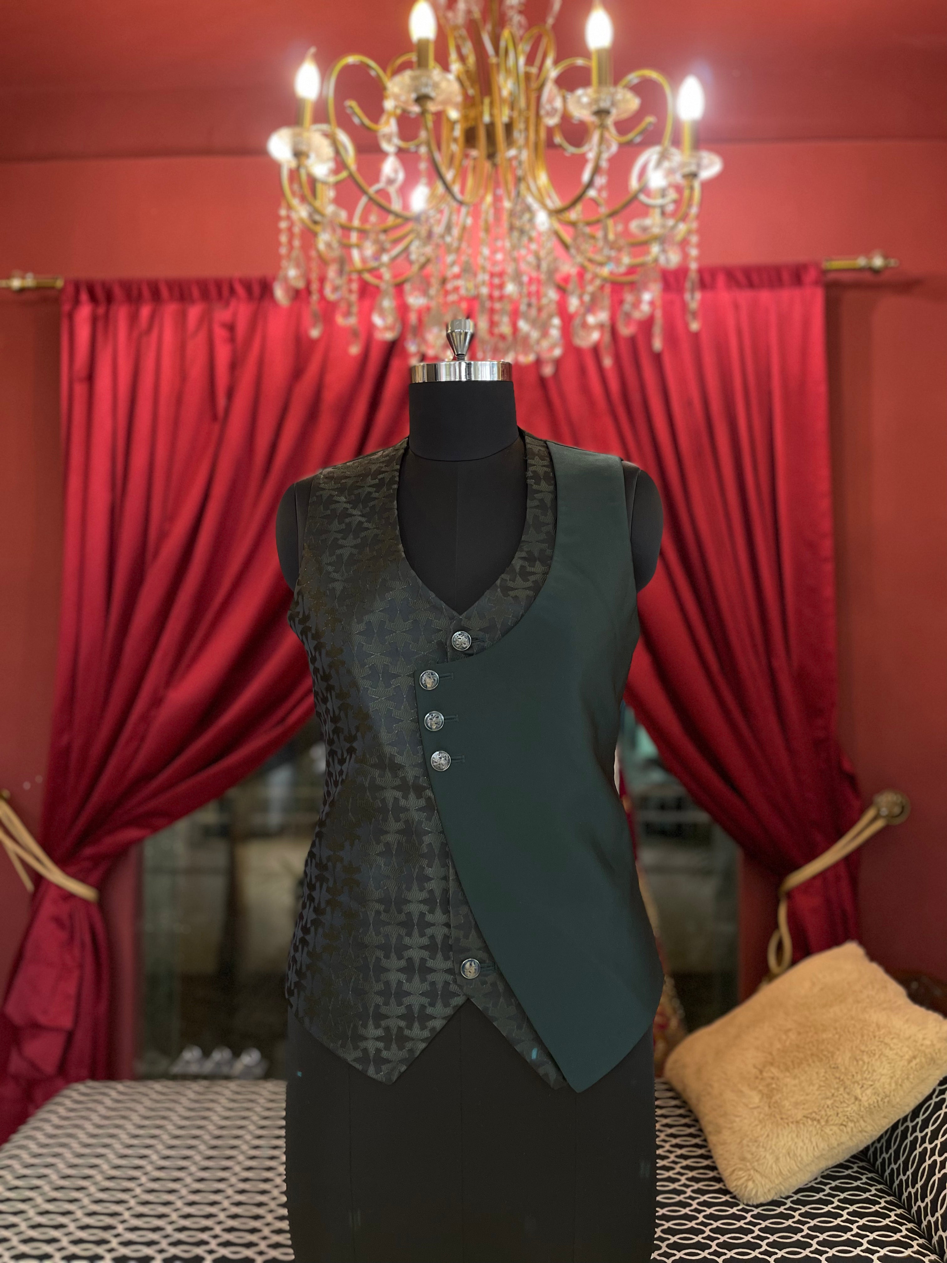 Olive Green Tuxedo With asymmetrical Vest