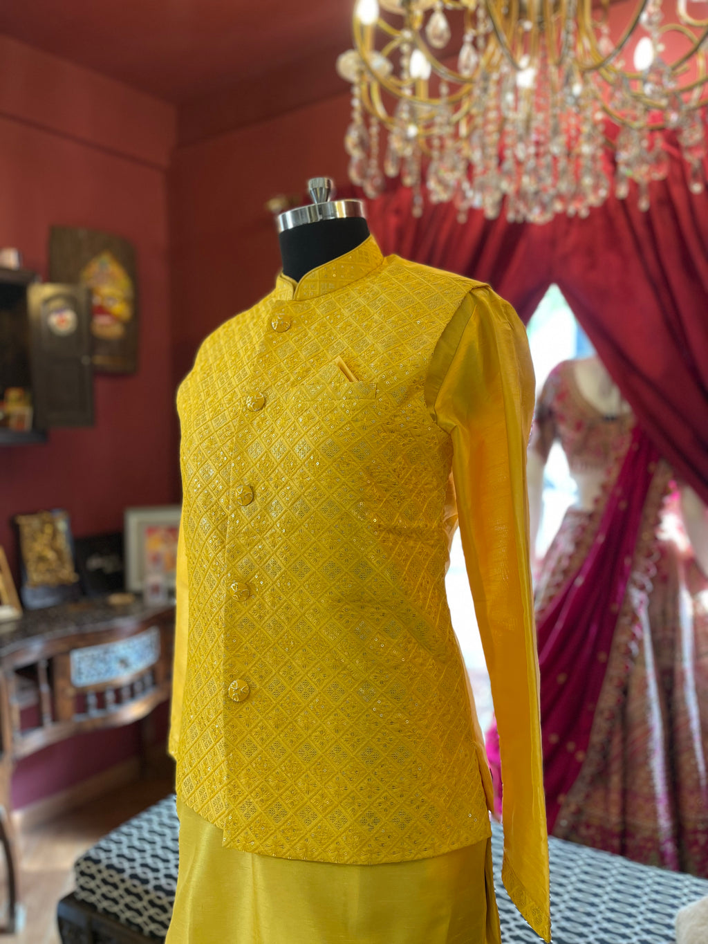 Yellow Kurta Set with Sequin Koti