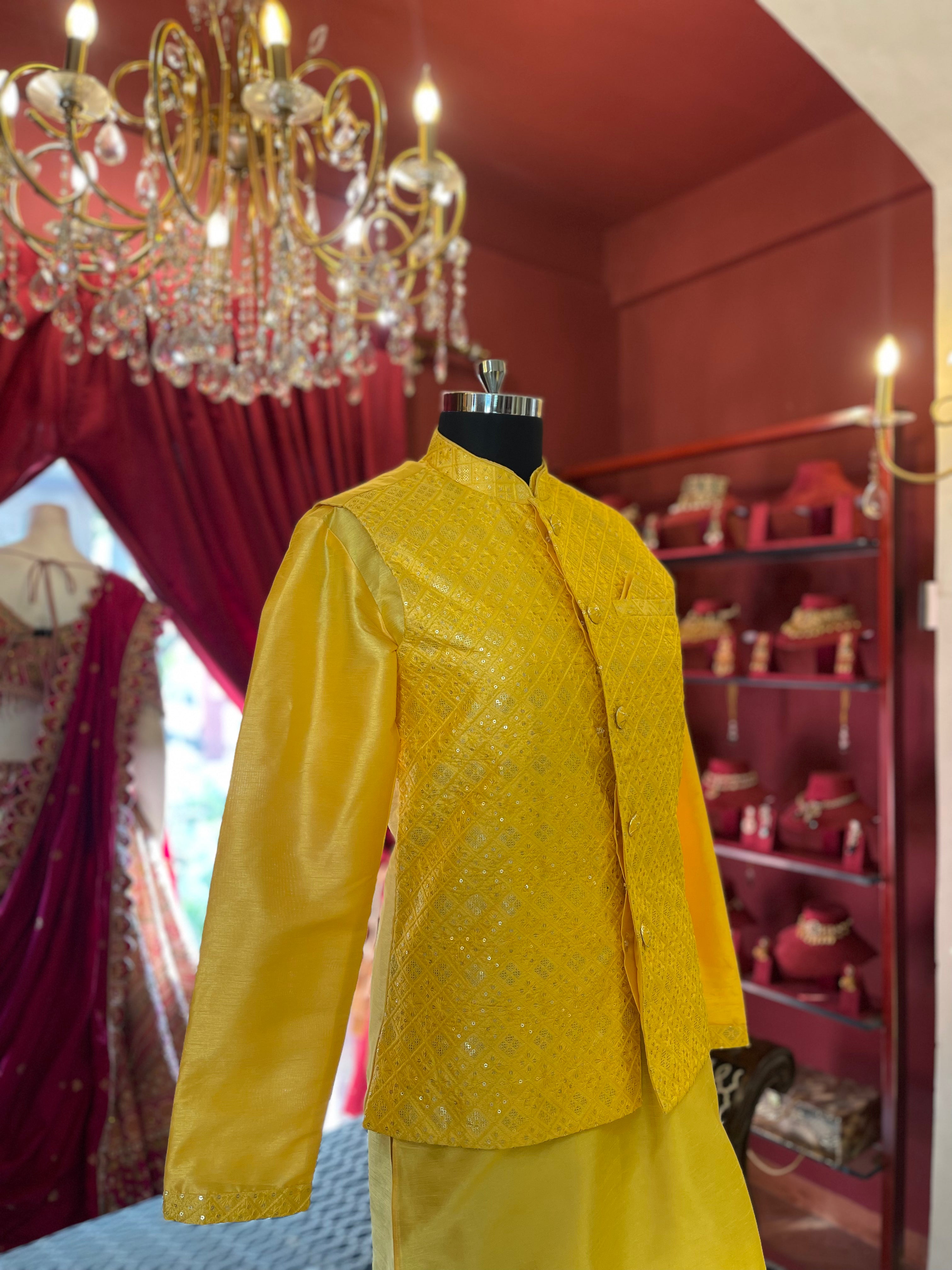 Yellow Kurta Set with Sequin Koti