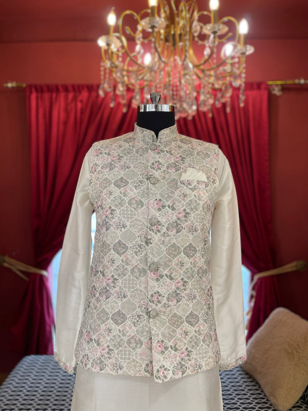 Ivory Kurta Set with Floral Nehru Jcaket