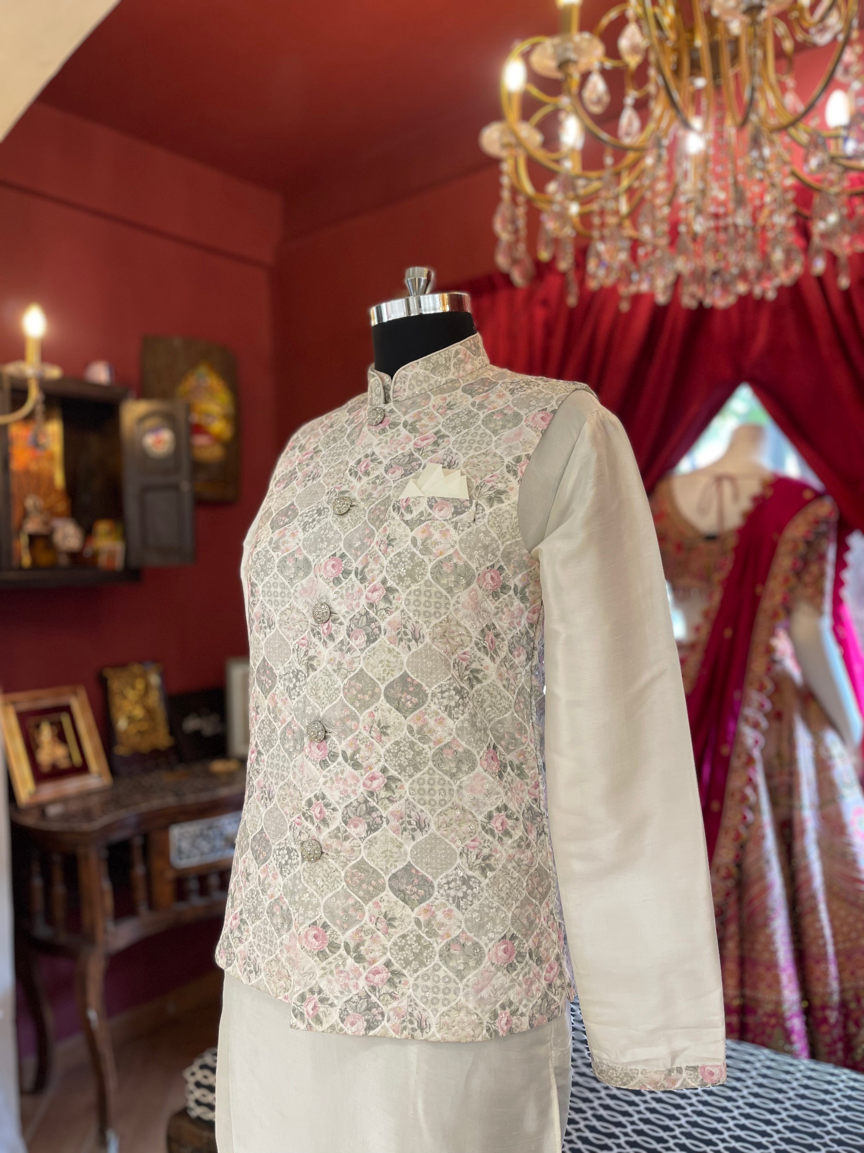 Ivory Kurta Set with Floral Nehru Jcaket