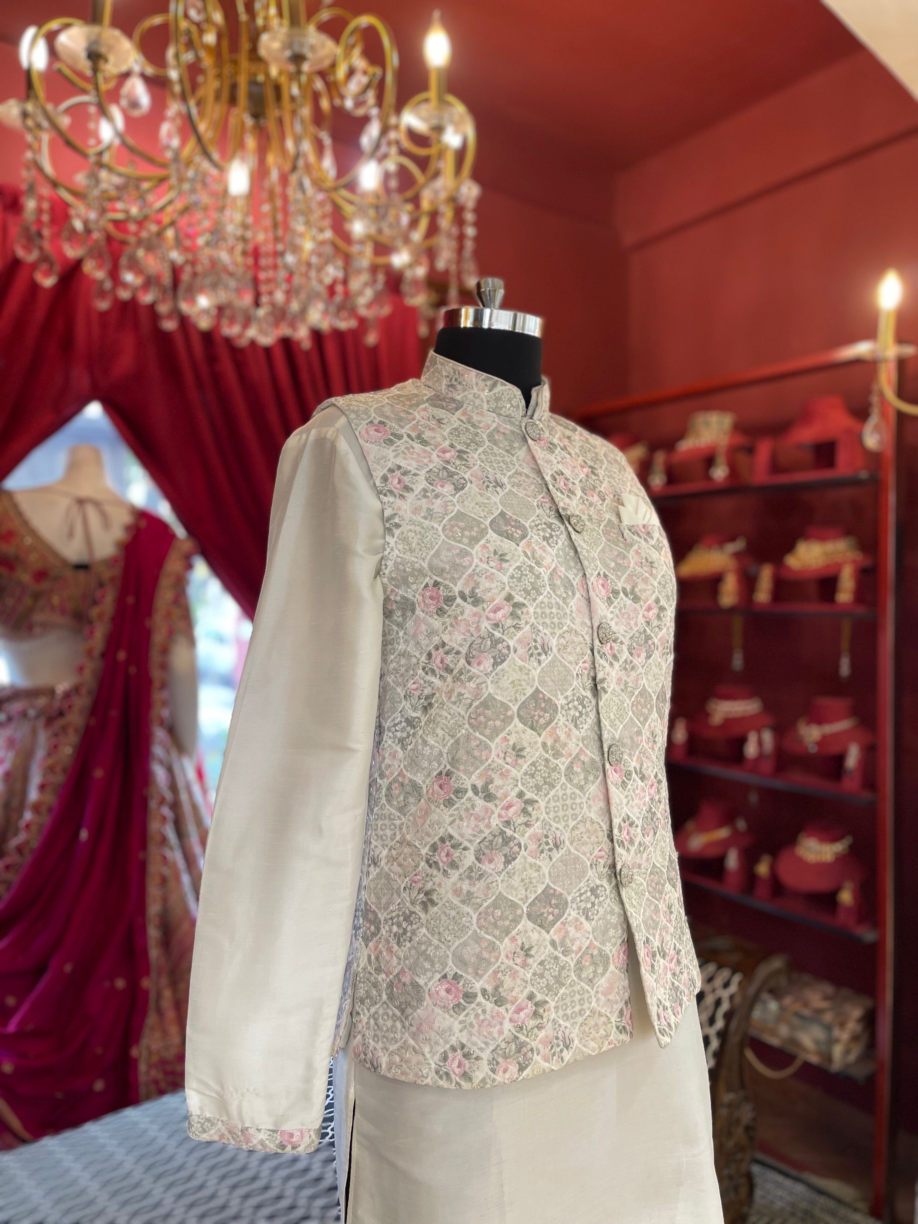 Ivory Kurta Set with Floral Nehru Jcaket