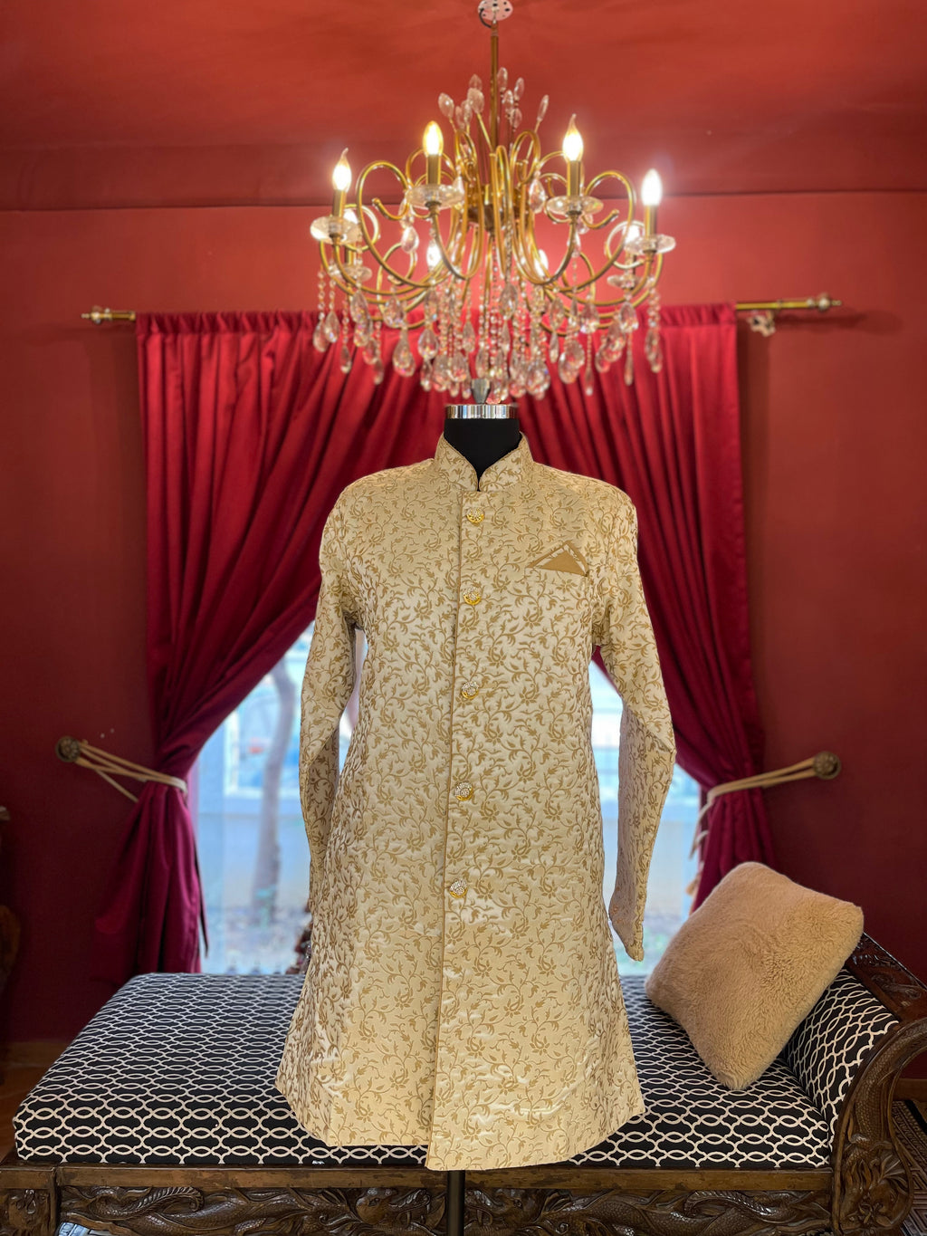 Ivory Jacquard Floral Motif Sherwani