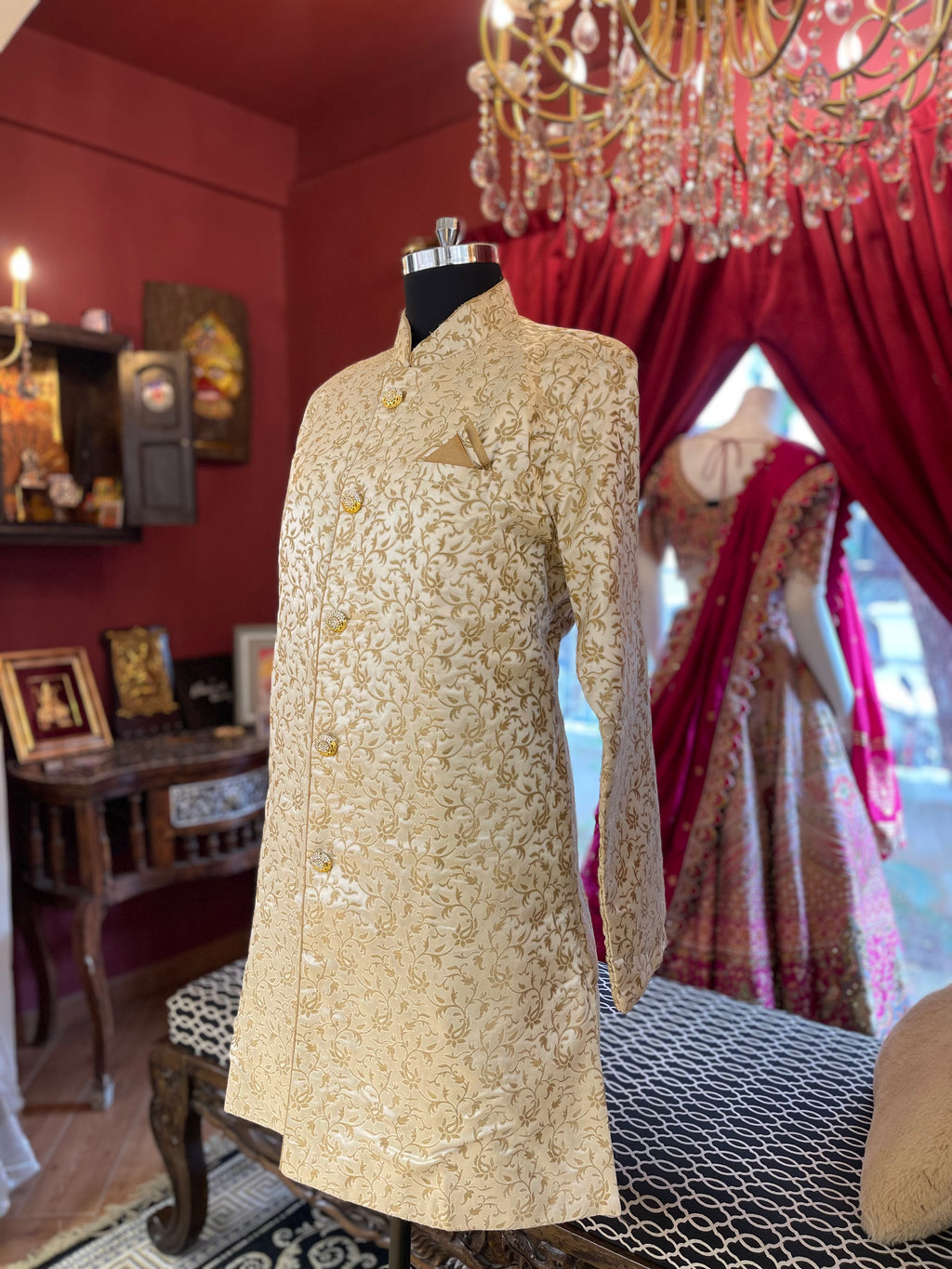 Ivory Jacquard Floral Motif Sherwani