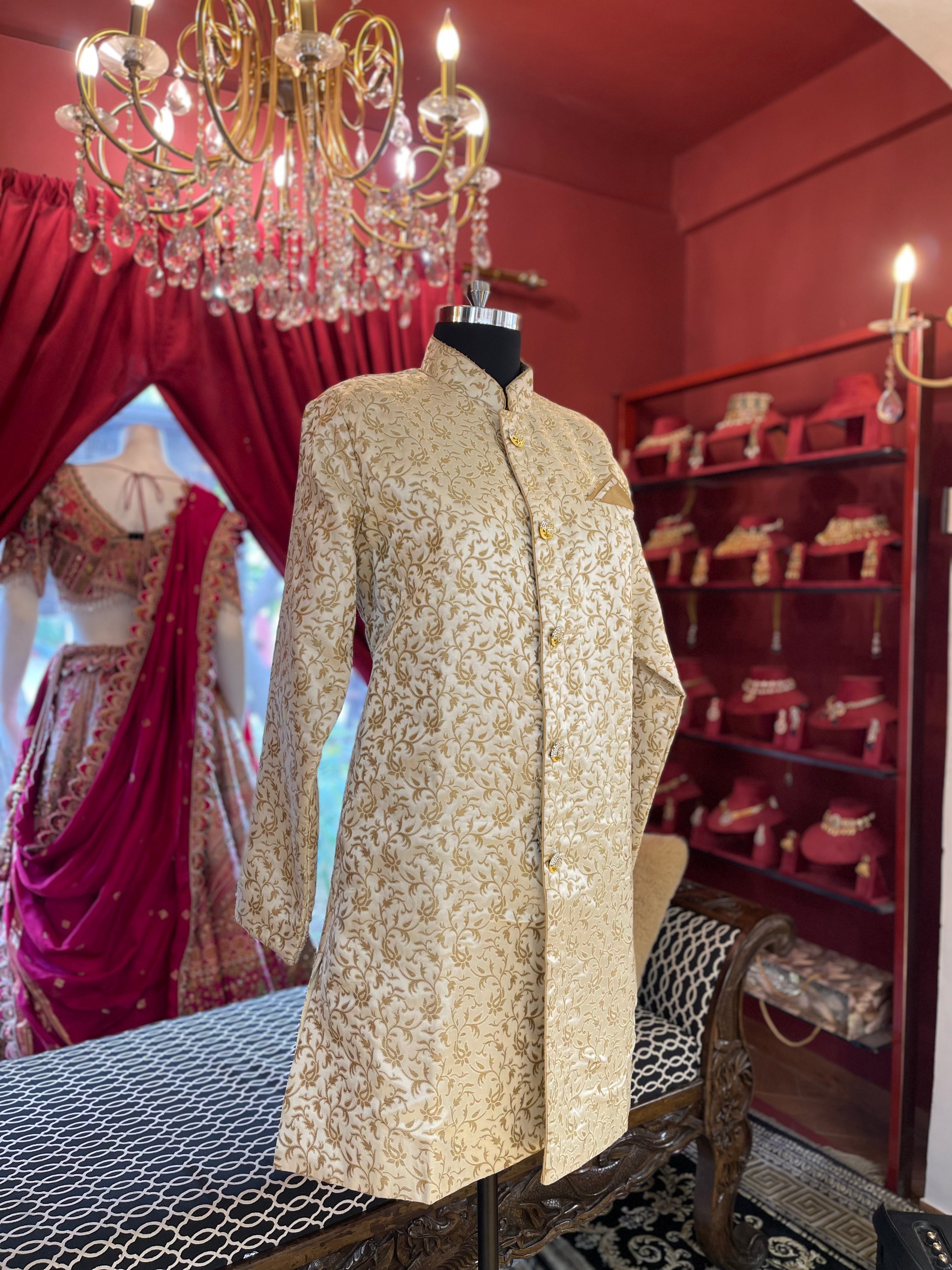 Ivory Jacquard Floral Motif Sherwani
