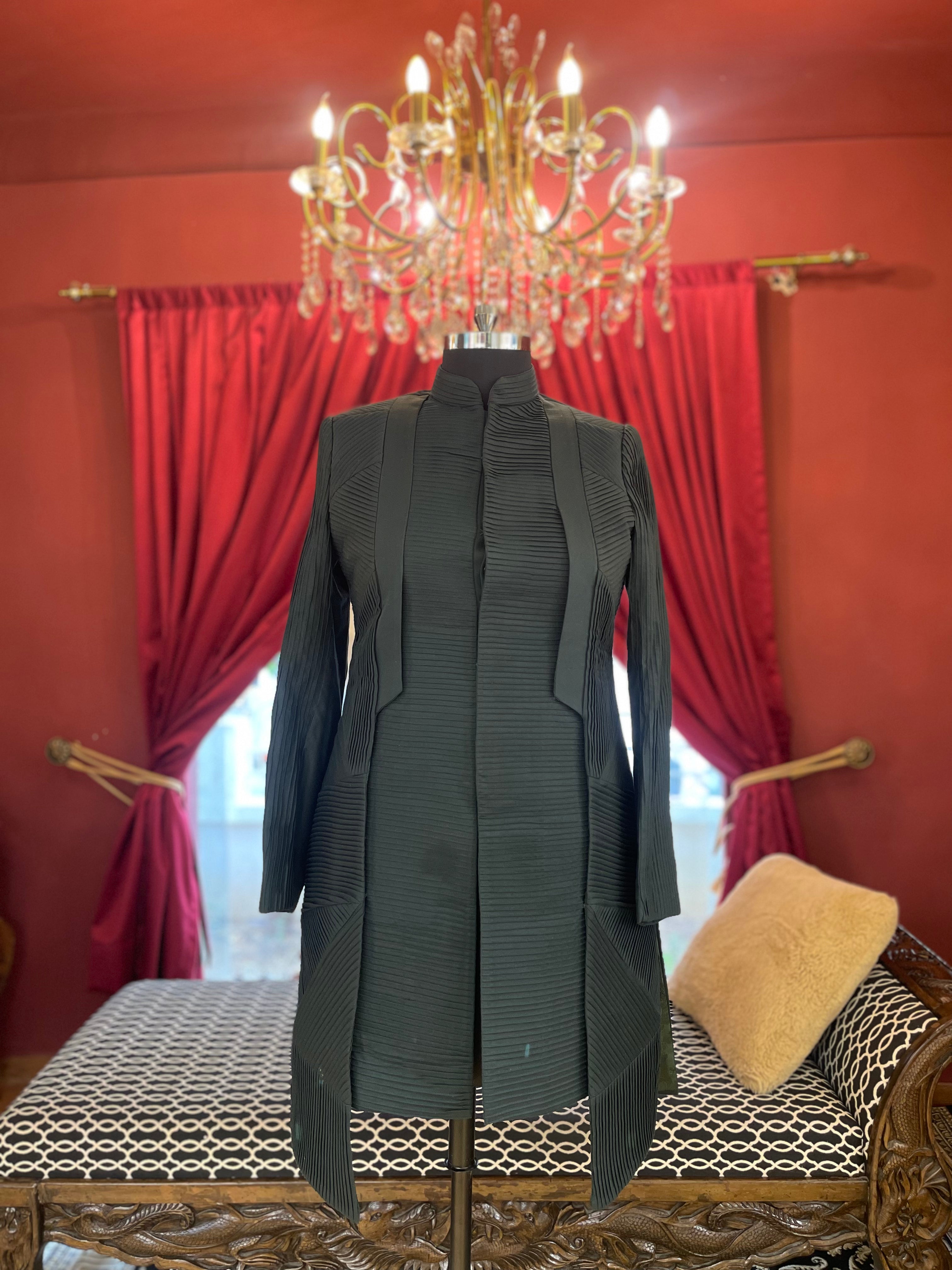 Green Indowestern With Textured Pleats