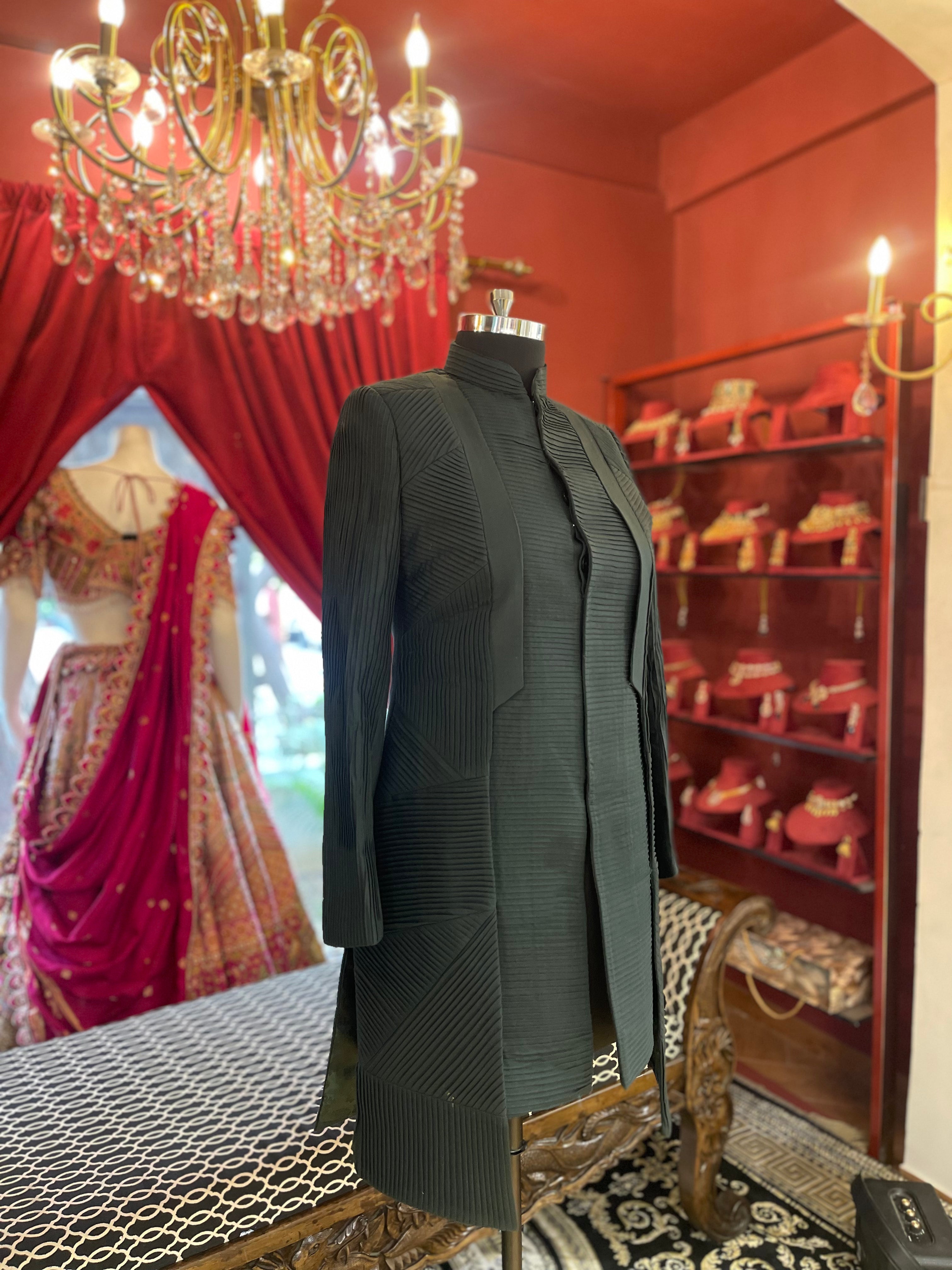 Green Indowestern With Textured Pleats