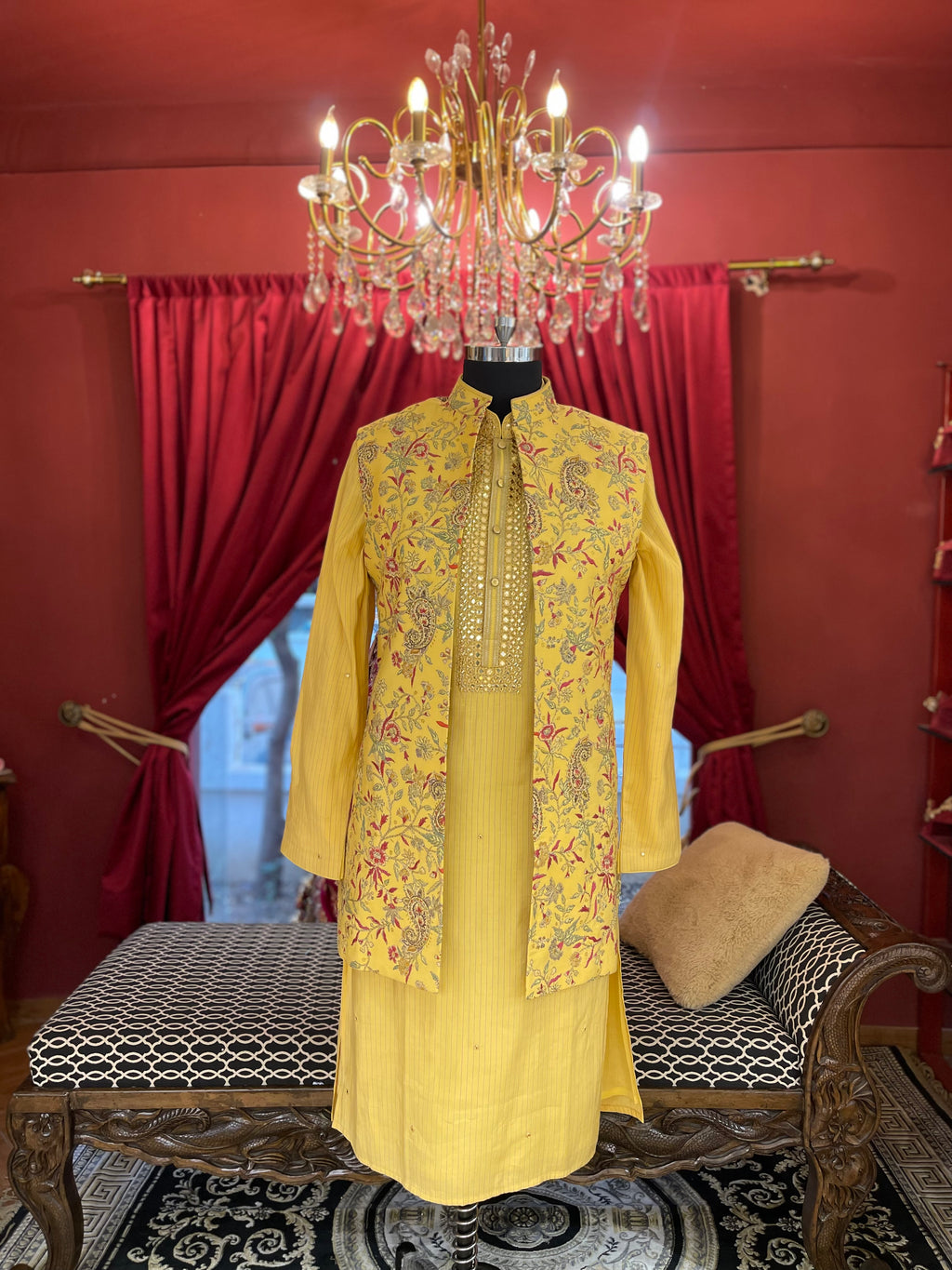 Mustard Kurta Set With Floral Printed Jacket