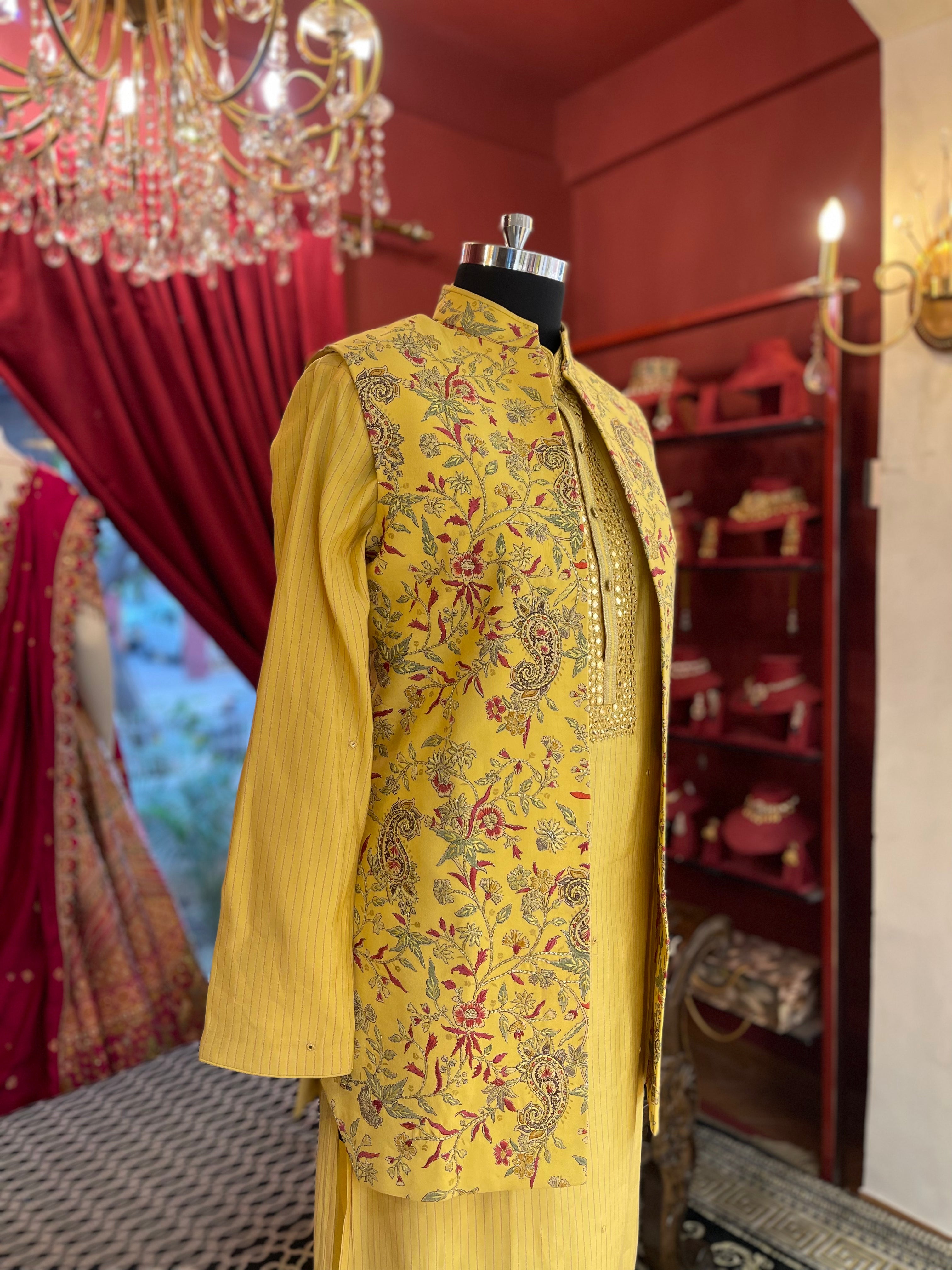 Mustard Kurta Set With Floral Printed Jacket