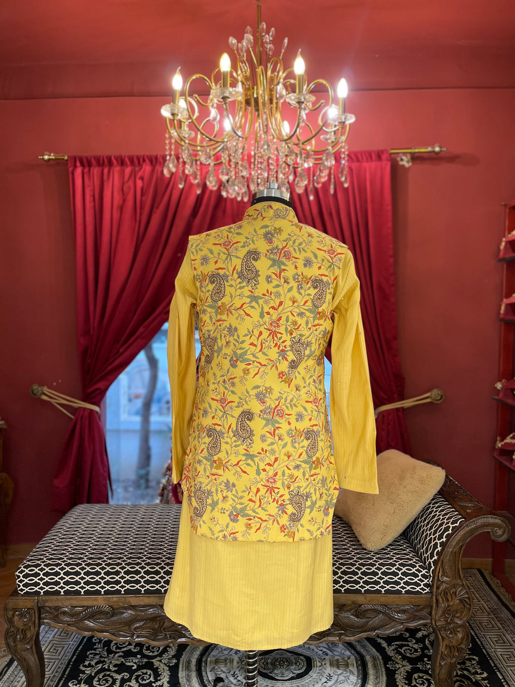 Mustard Kurta Set With Floral Printed Jacket