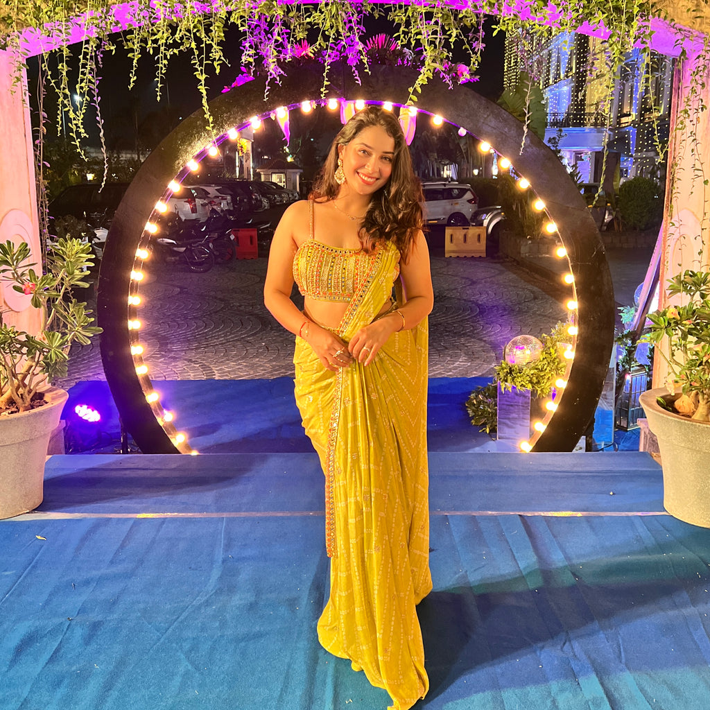 Yellow Bandhani Mirror Work Saree X Orepiya