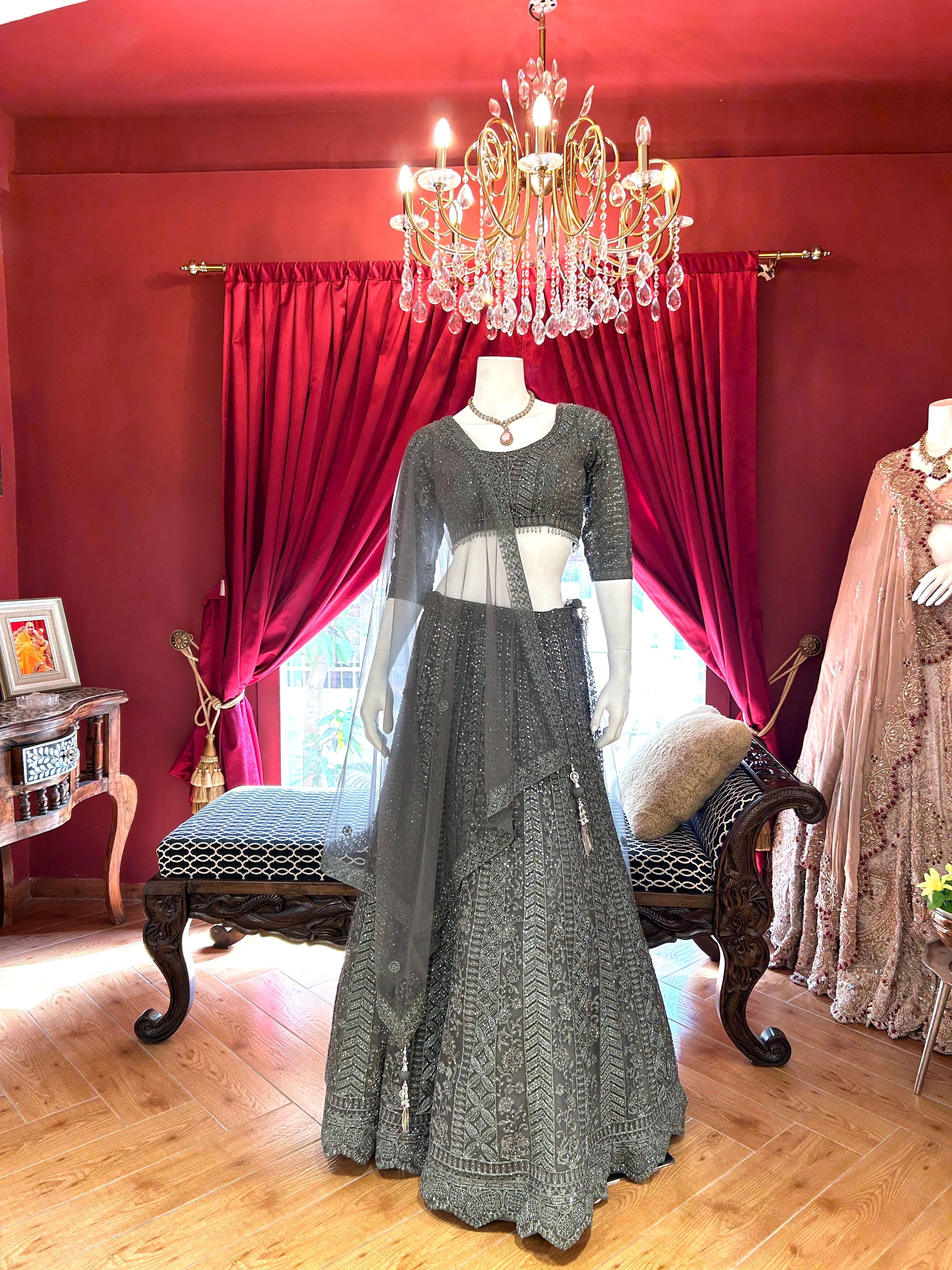 Charcoal Grey Lehenga With Embroidery