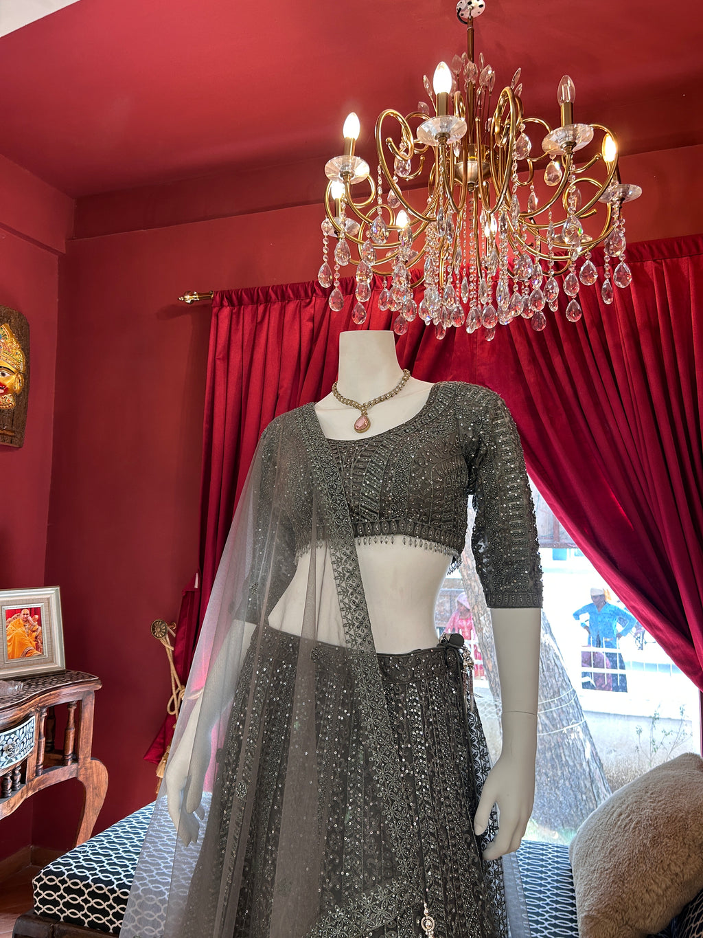 Charcoal Grey Lehenga With Embroidery