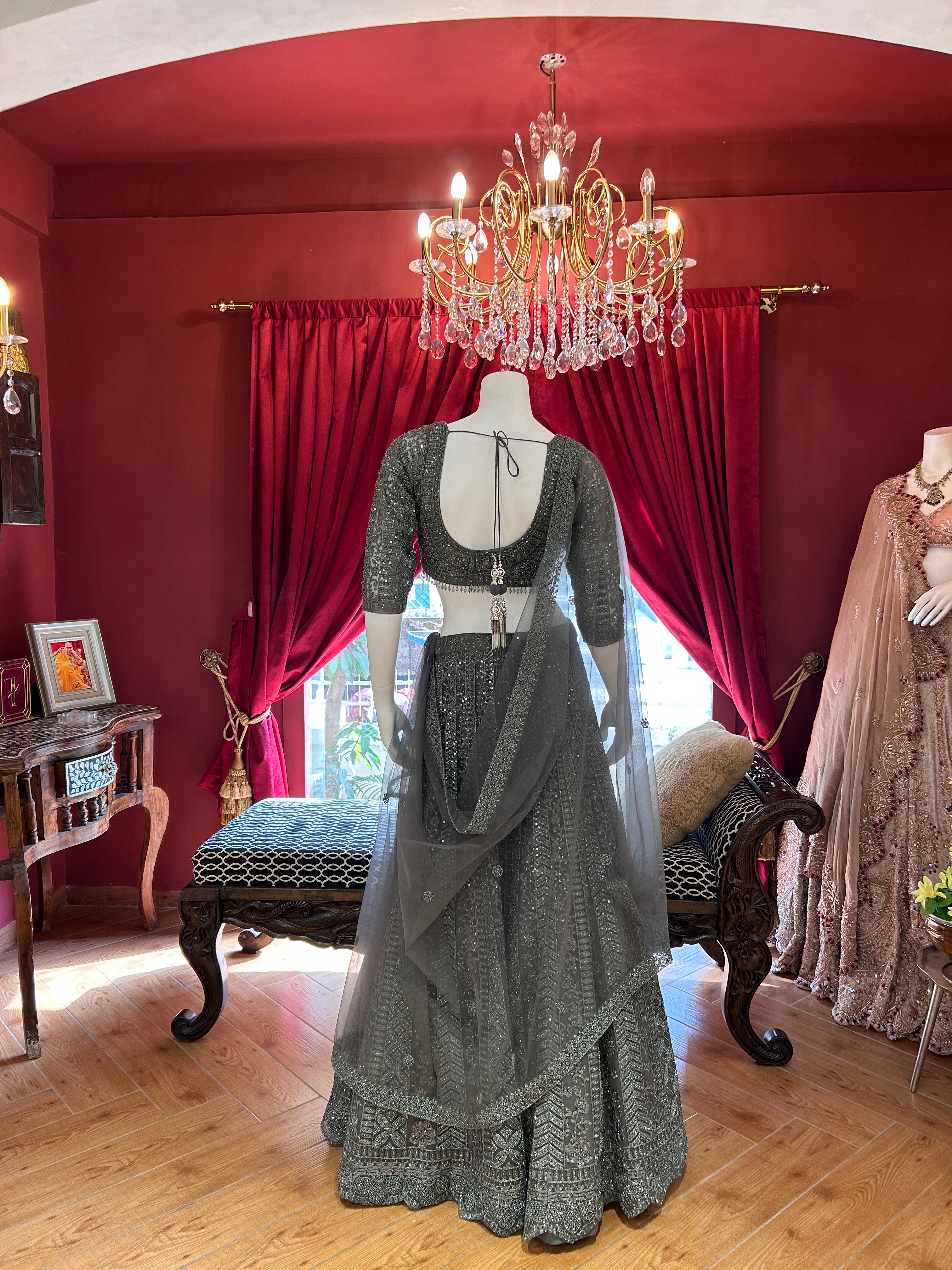 Charcoal Grey Lehenga With Embroidery