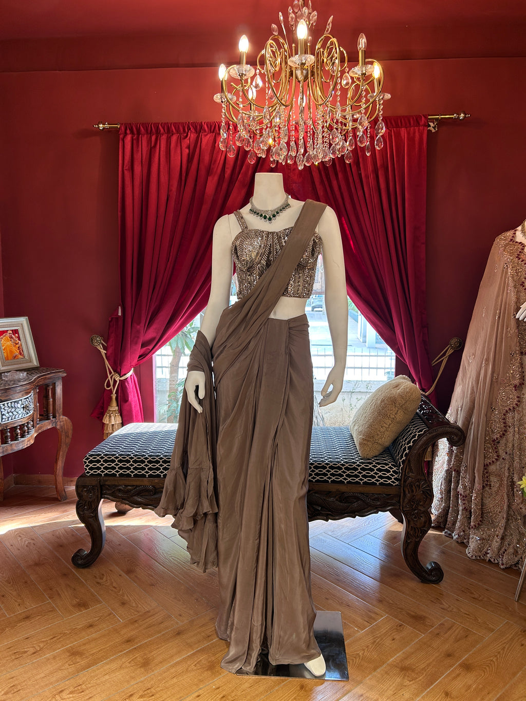 Chocolate Drape Saree with Mirror Work Blouse