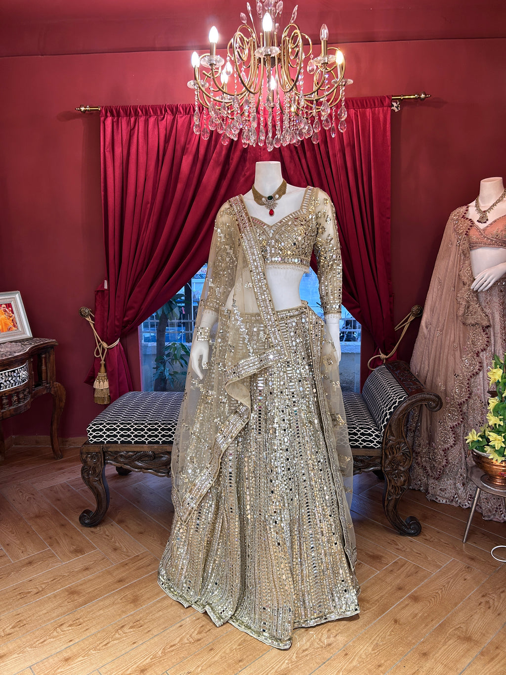 Golden Mirror Work Lehenga