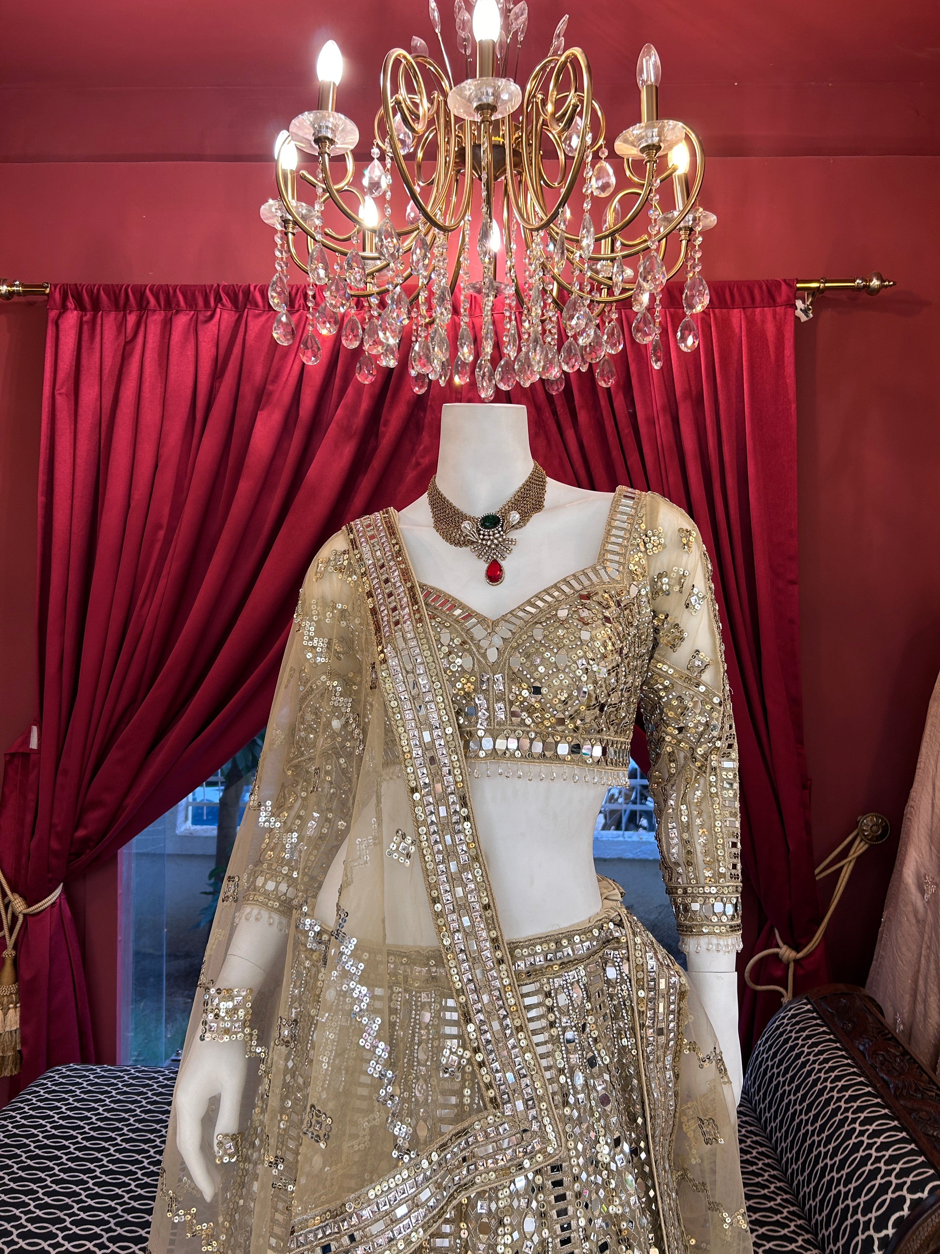 Golden Mirror Work Lehenga