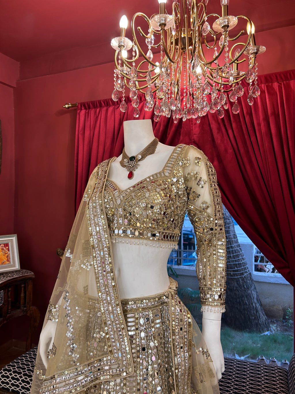 Golden Mirror Work Lehenga