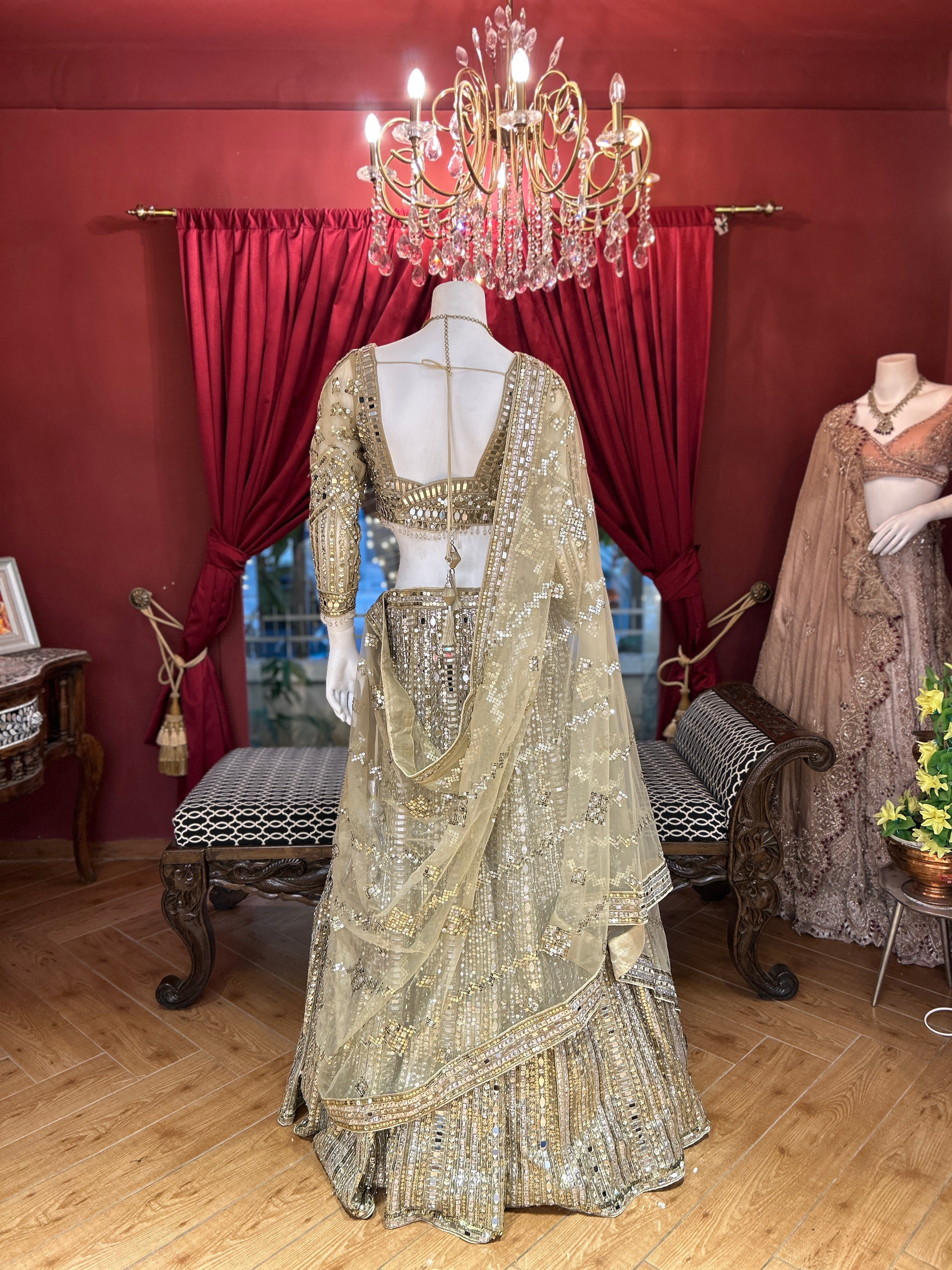 Golden Mirror Work Lehenga