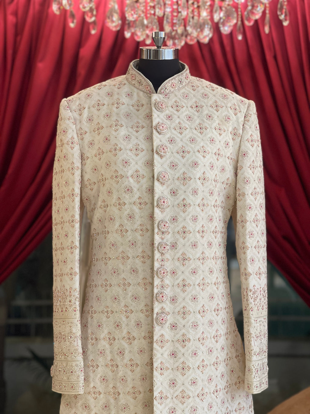 Ivory Sherwani With Blush Toned Details