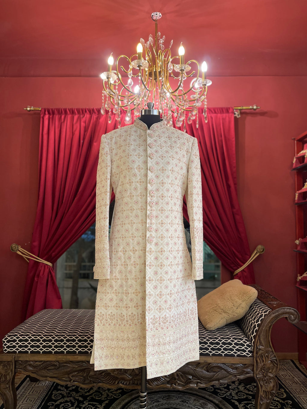 Ivory Sherwani With Blush Toned Details