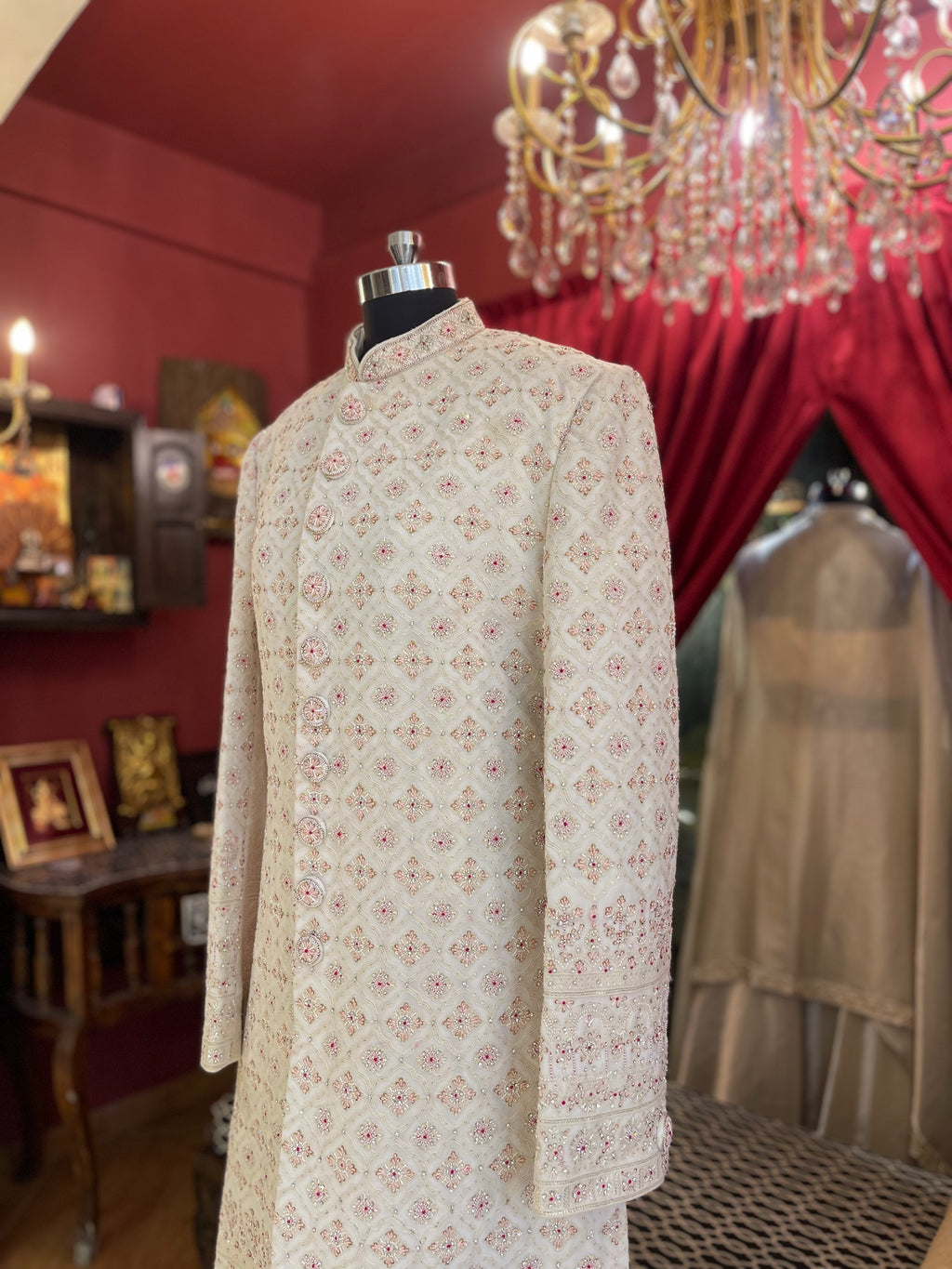 Ivory Sherwani With Blush Toned Details