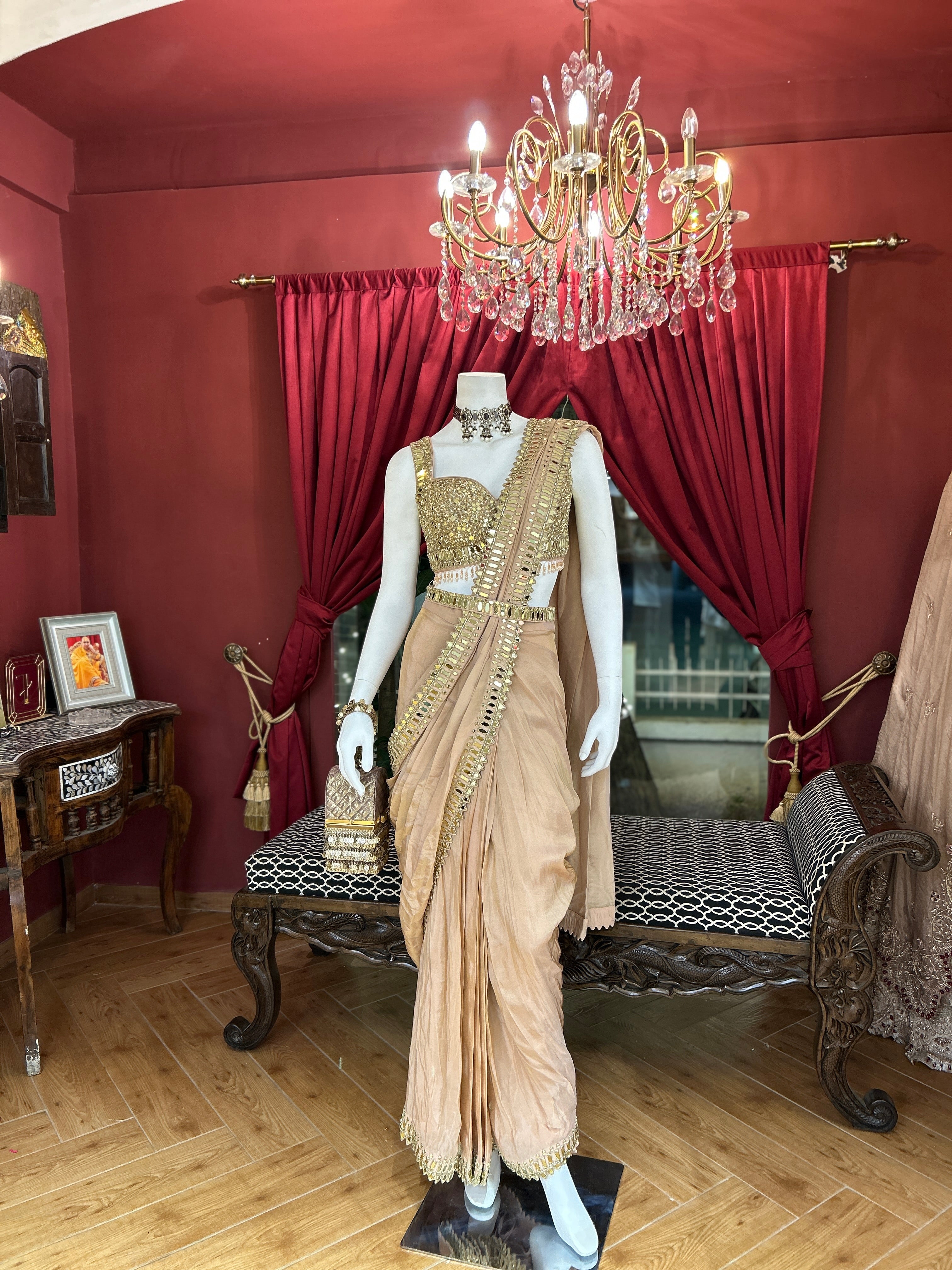 Beige Drape Saree with Mirror Work Blouse