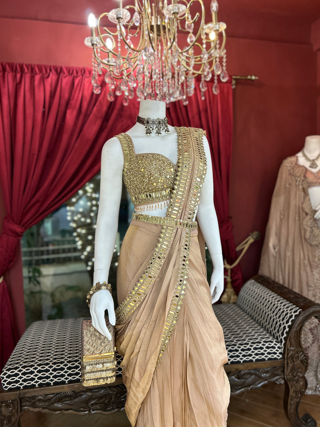 Beige Drape Saree with Mirror Work Blouse