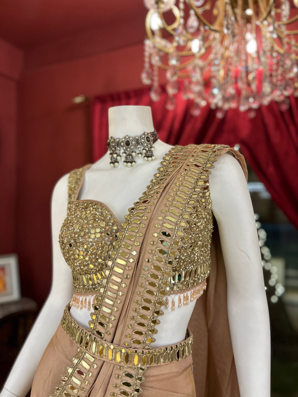 Beige Drape Saree with Mirror Work Blouse