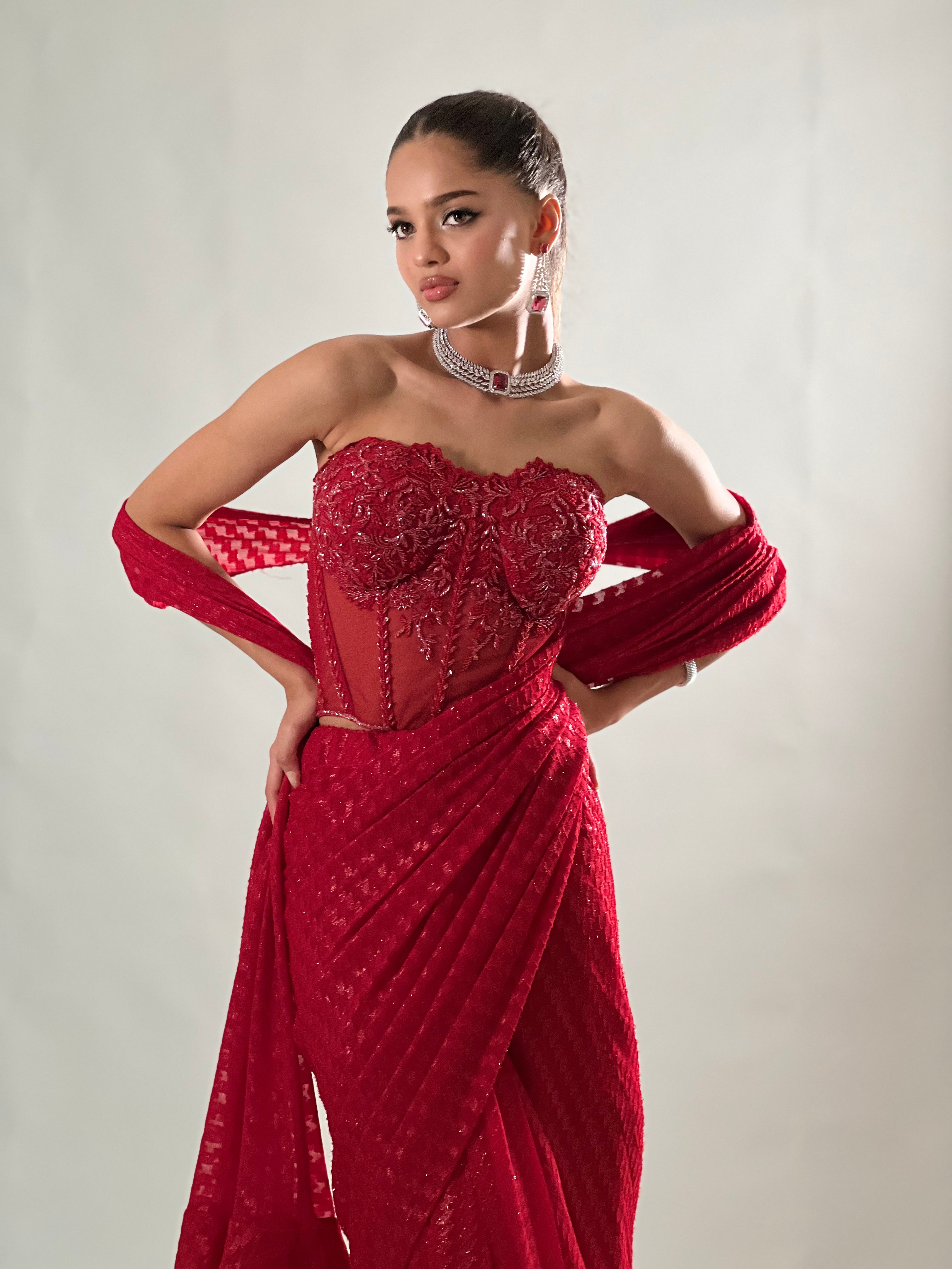 Red Corset Drape Saree