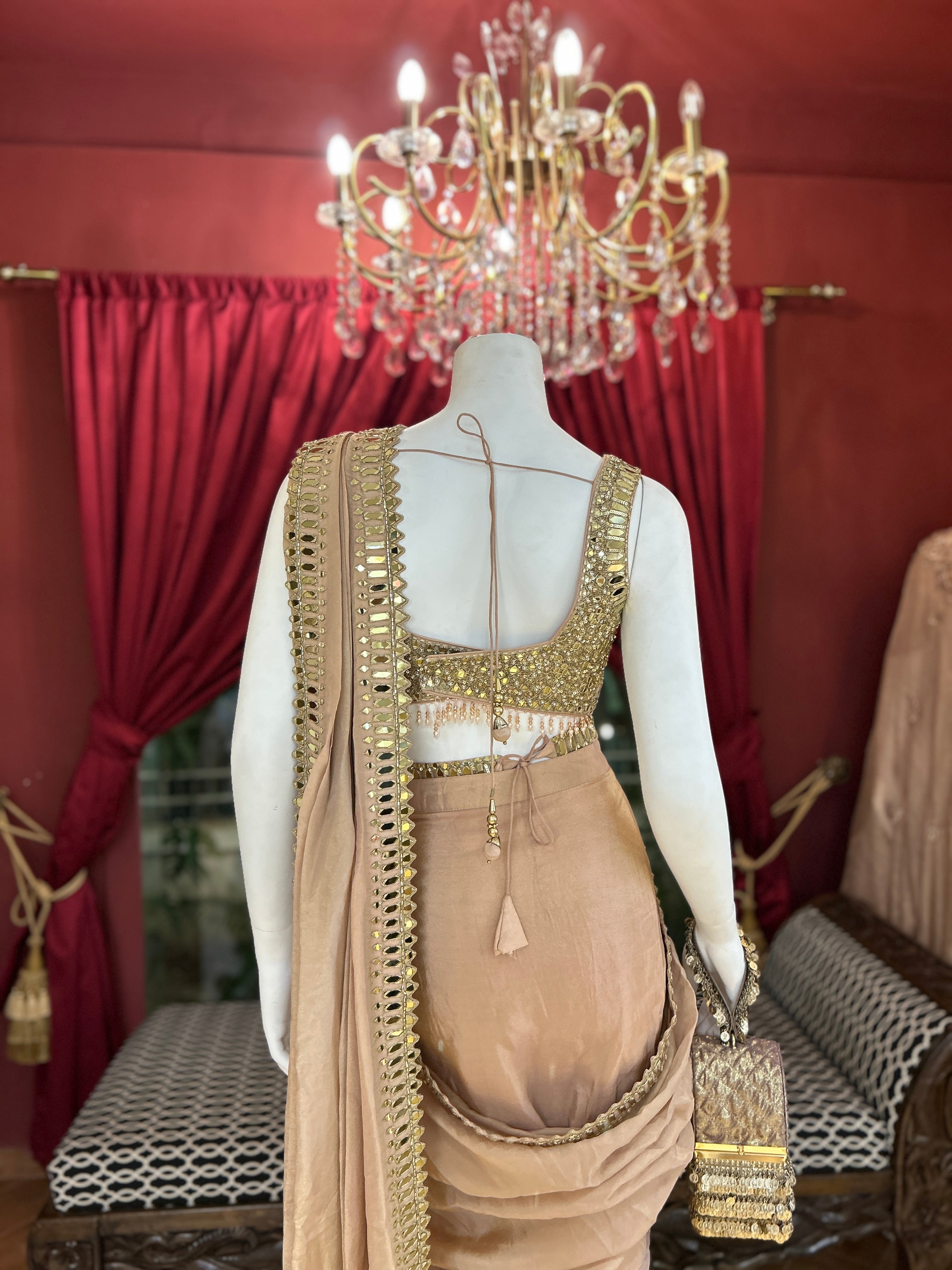 Beige Drape Saree with Mirror Work Blouse