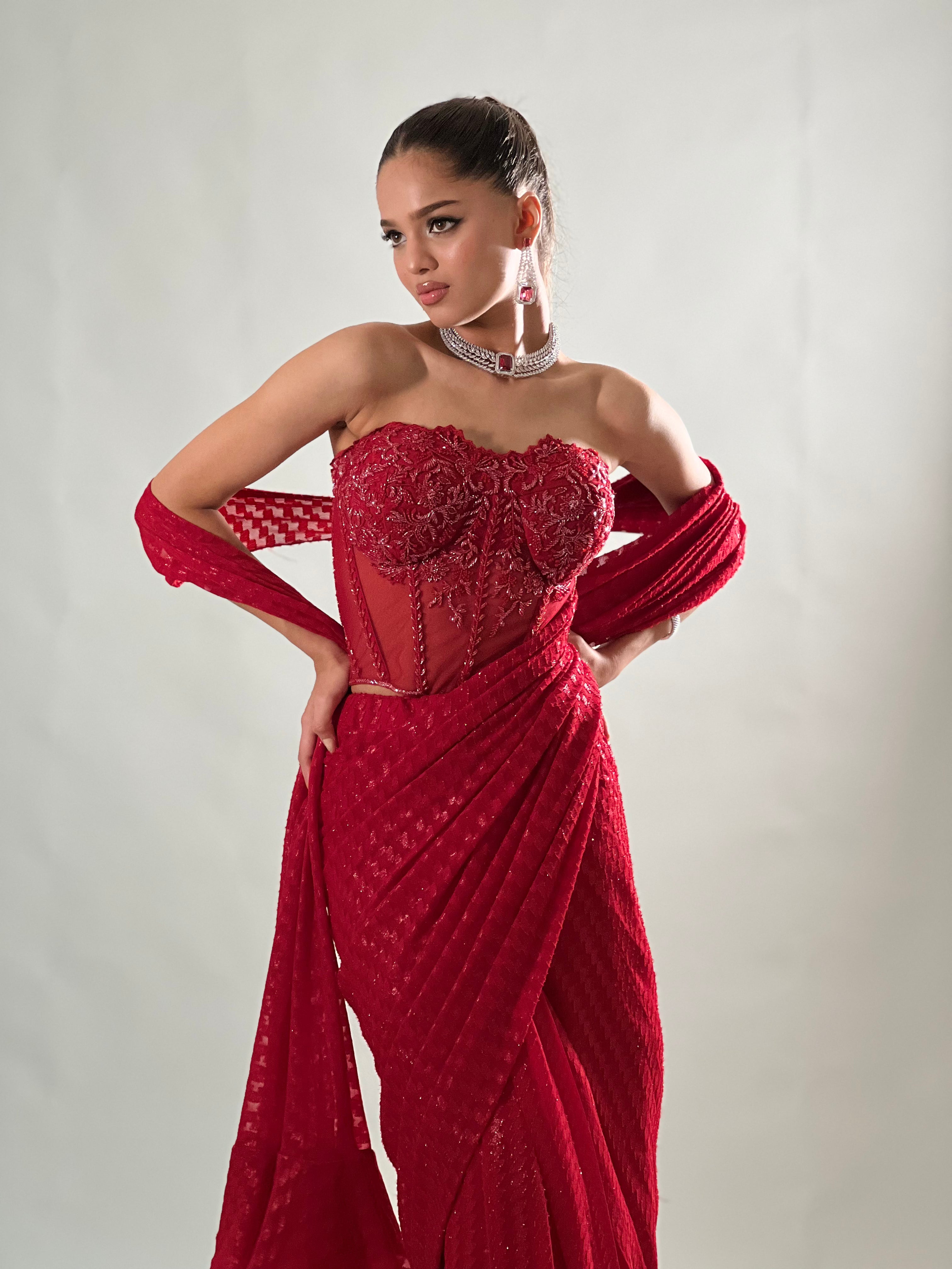 Red Corset Drape Saree