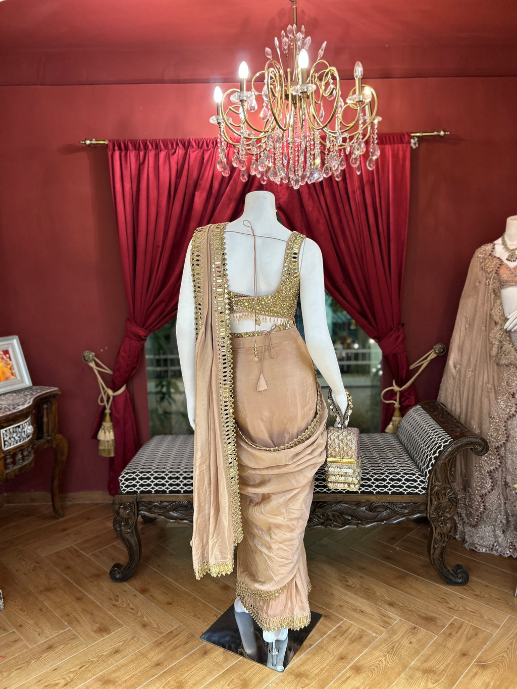 Beige Drape Saree with Mirror Work Blouse
