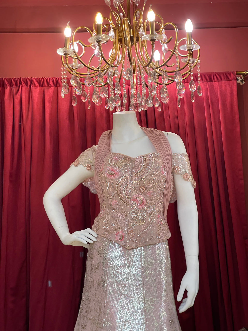 Mocha Shimmer Sequined Fish Cut Lehenga Set with Off-Shoulder Corset Blouse