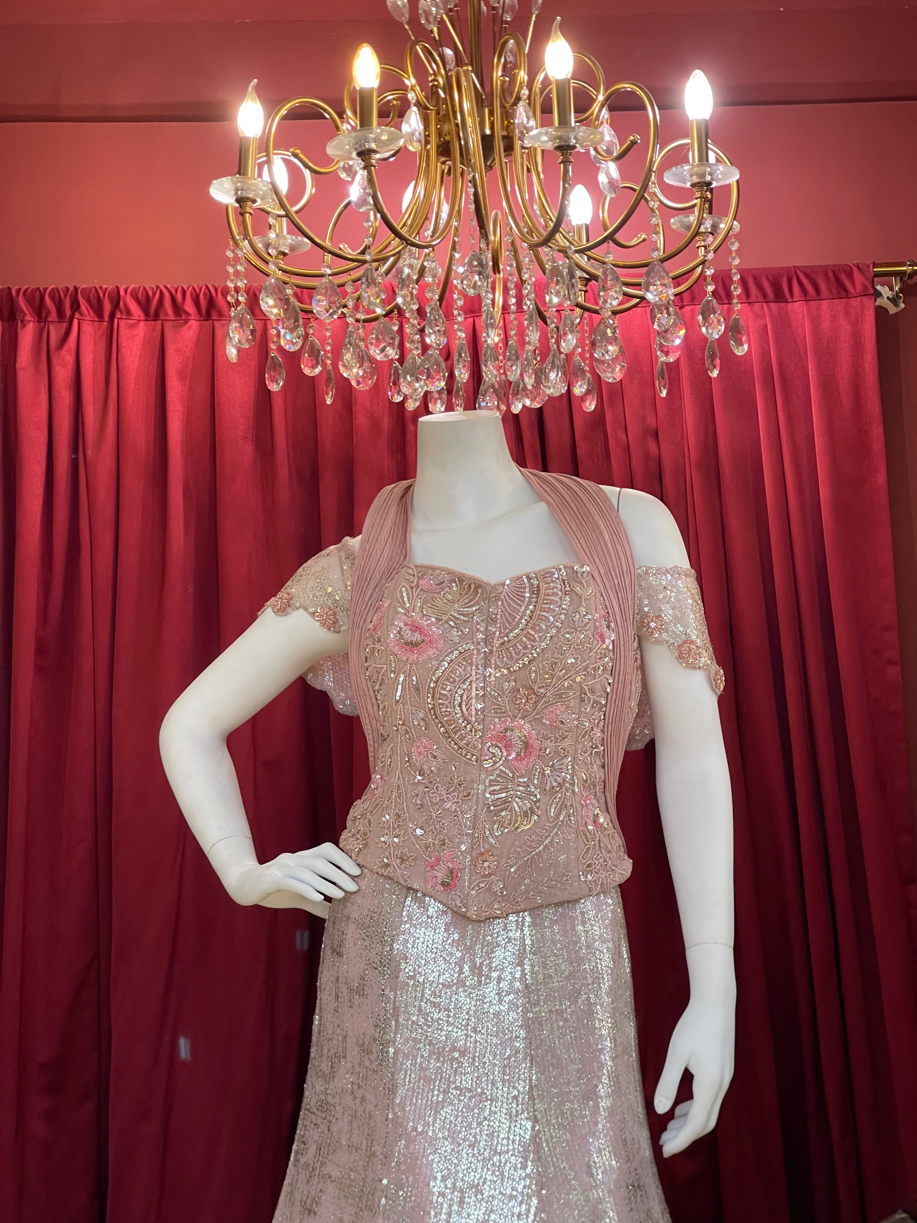 Mocha Shimmer Sequined Fish Cut Lehenga Set with Off-Shoulder Corset Blouse
