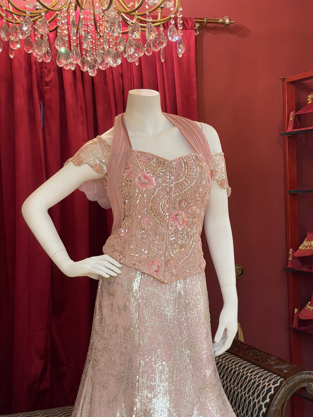 Mocha Shimmer Sequined Fish Cut Lehenga Set with Off-Shoulder Corset Blouse