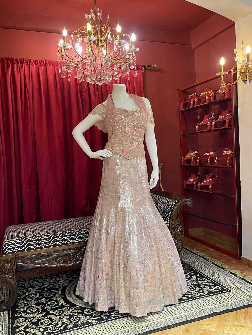 Mocha Shimmer Sequined Fish Cut Lehenga Set with Off-Shoulder Corset Blouse