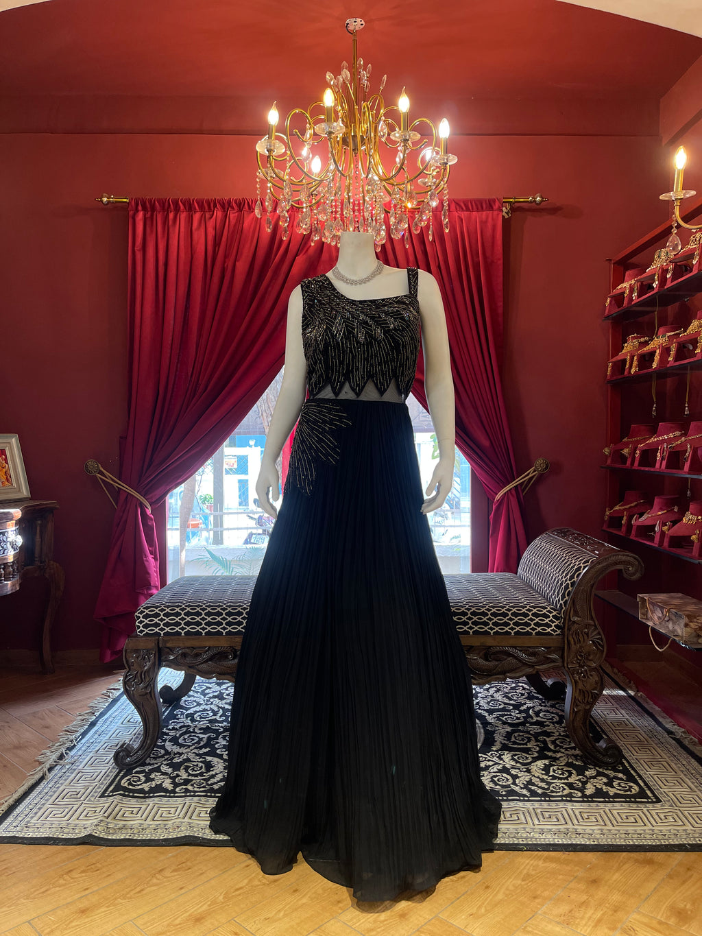 Black Cocktail Gown With Shimmer Embroidery