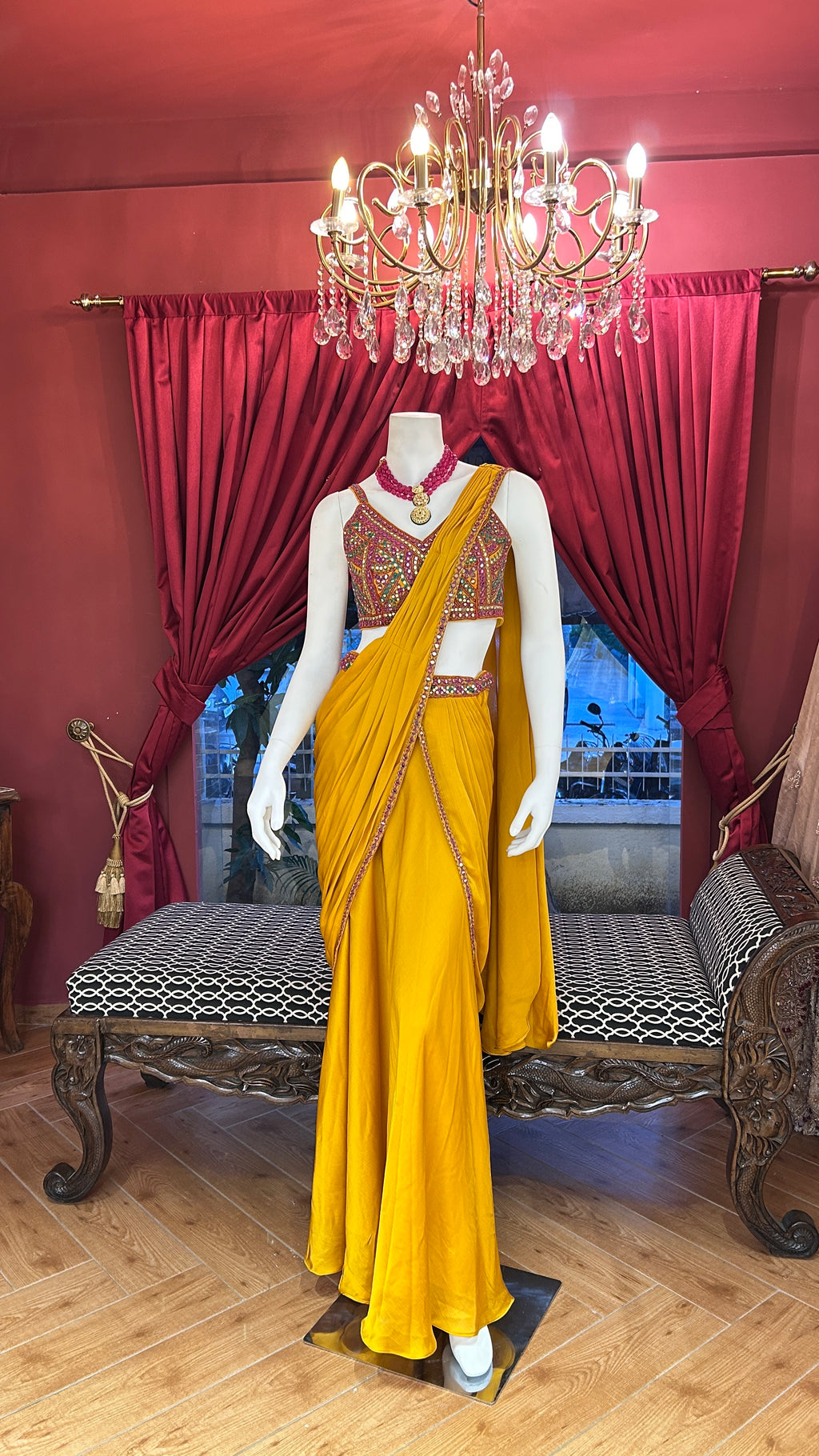 Mustard Draped Saree wih Colourful Blouse