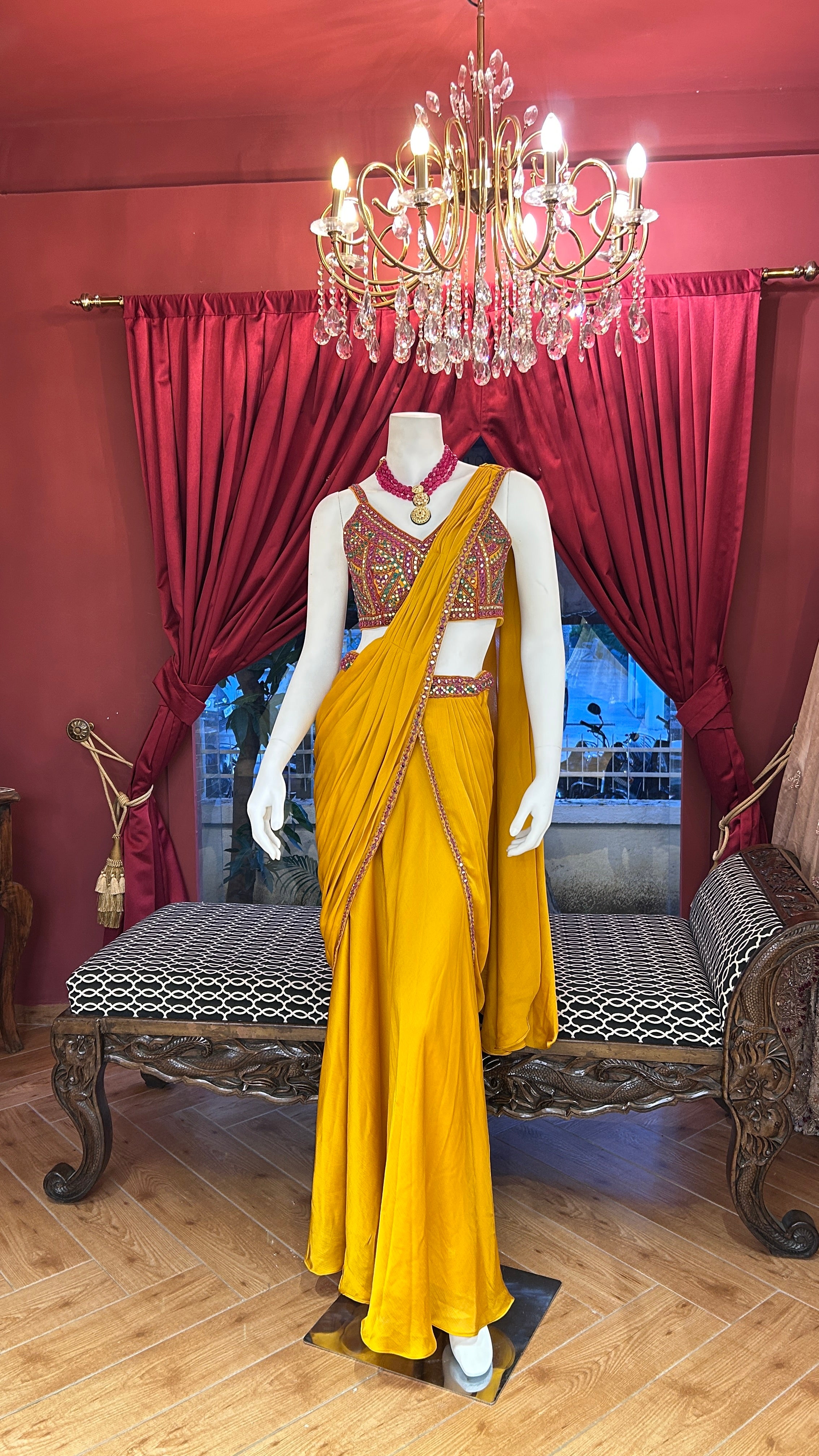 Mustard Draped Saree wih Colourful Blouse