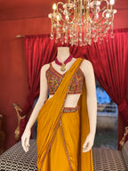 Mustard Draped Saree wih Colourful Blouse