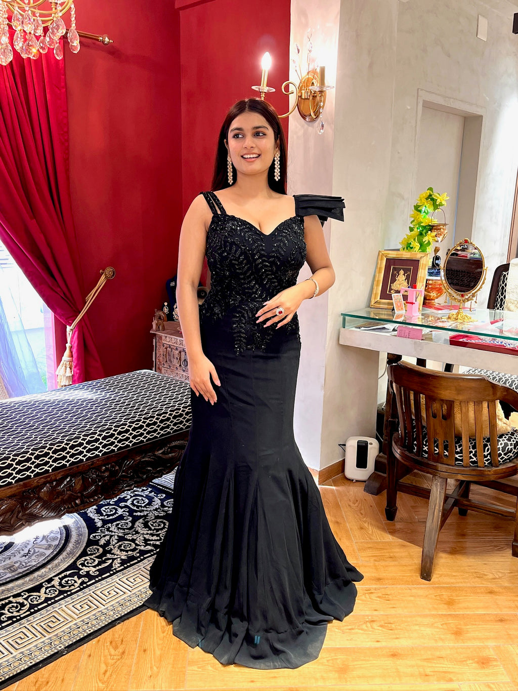 Black Fish-Cut Gown with Beadwork Embroidery