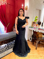 Black Fish-Cut Gown with Beadwork Embroidery