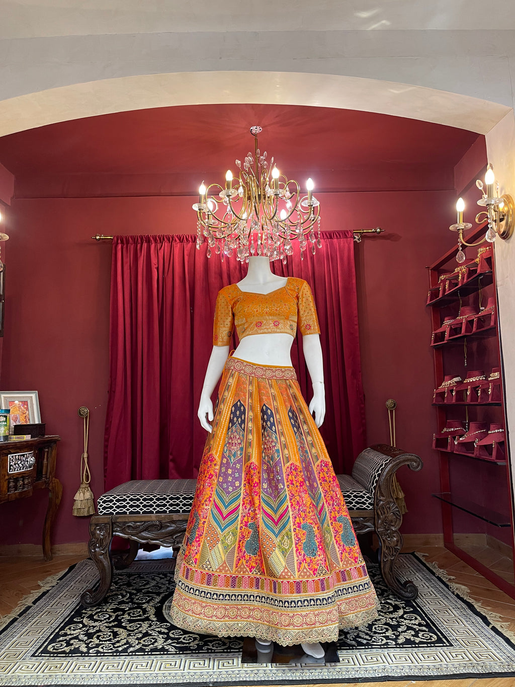 Mustard & Multi-Color Printed Silk Lehenga Set with Rani Pink Dupatta