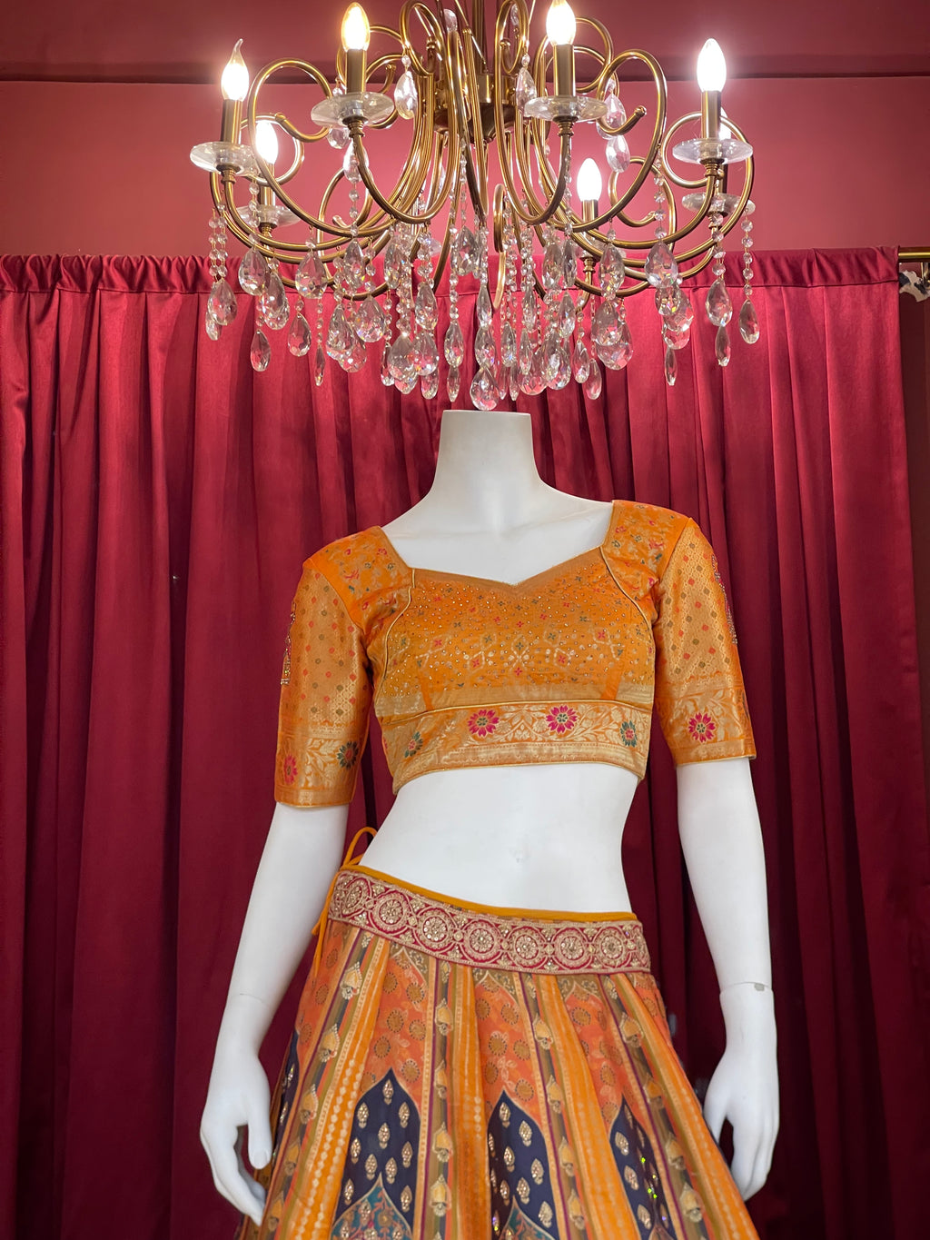 Mustard & Multi-Color Printed Silk Lehenga Set with Rani Pink Dupatta