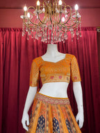 Mustard & Multi-Color Printed Silk Lehenga Set with Rani Pink Dupatta