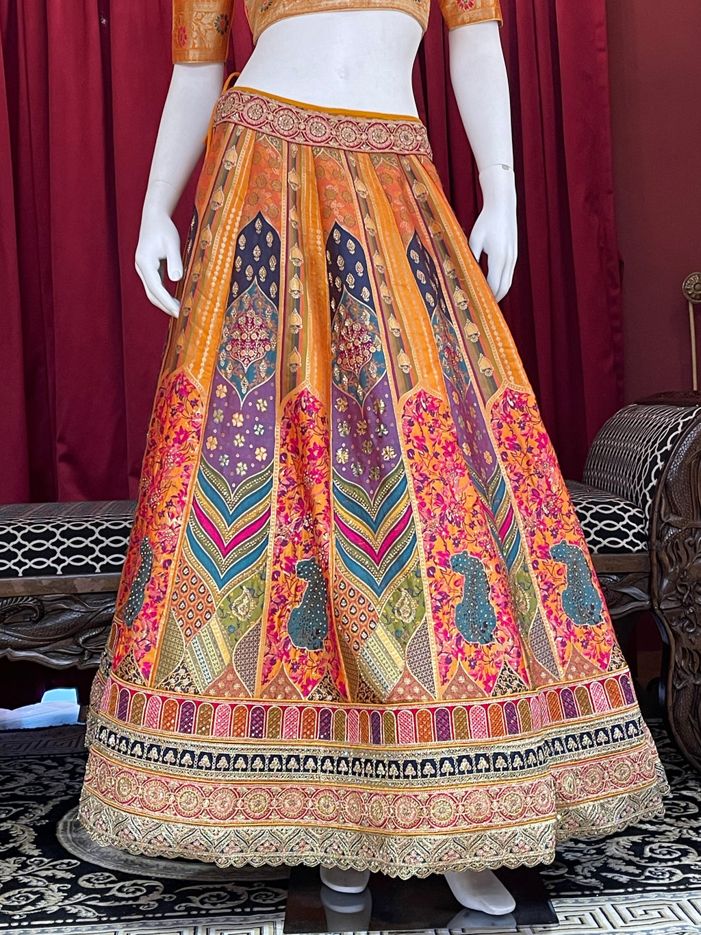 Mustard & Multi-Color Printed Silk Lehenga Set with Rani Pink Dupatta