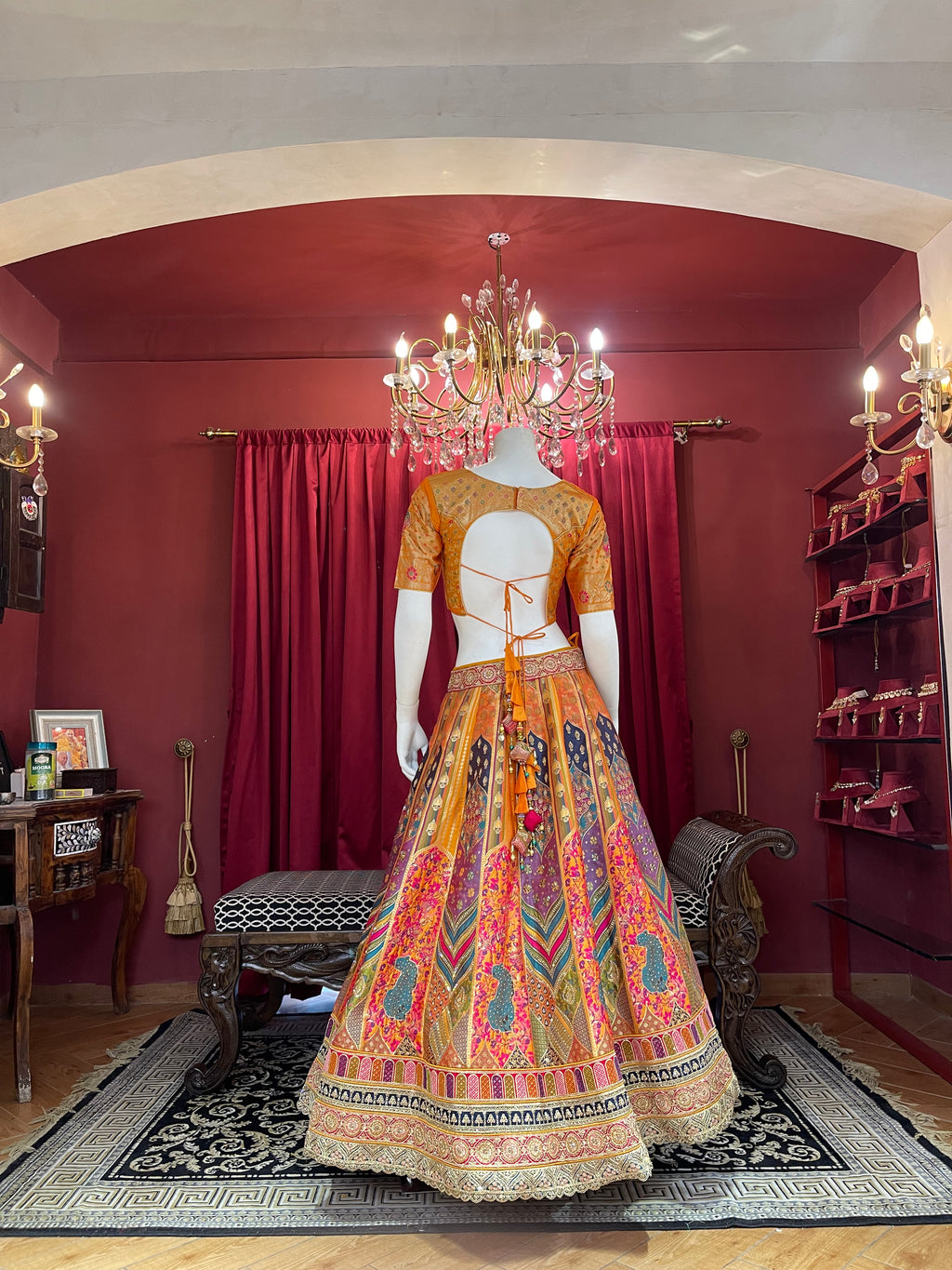 Mustard & Multi-Color Printed Silk Lehenga Set with Rani Pink Dupatta
